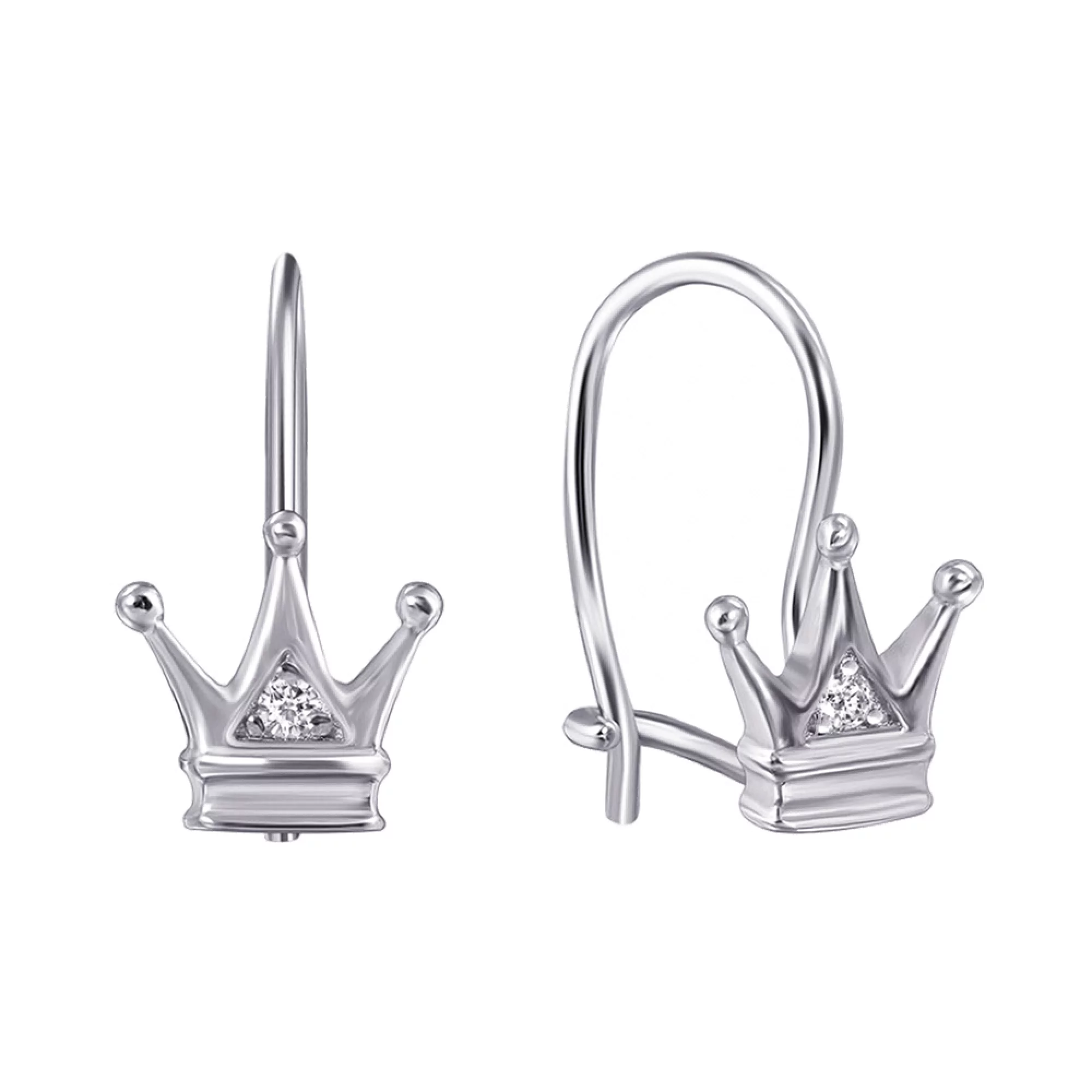 Серебряные серьги-петли "Корона" с фианитом - 1508595 – изображение 1