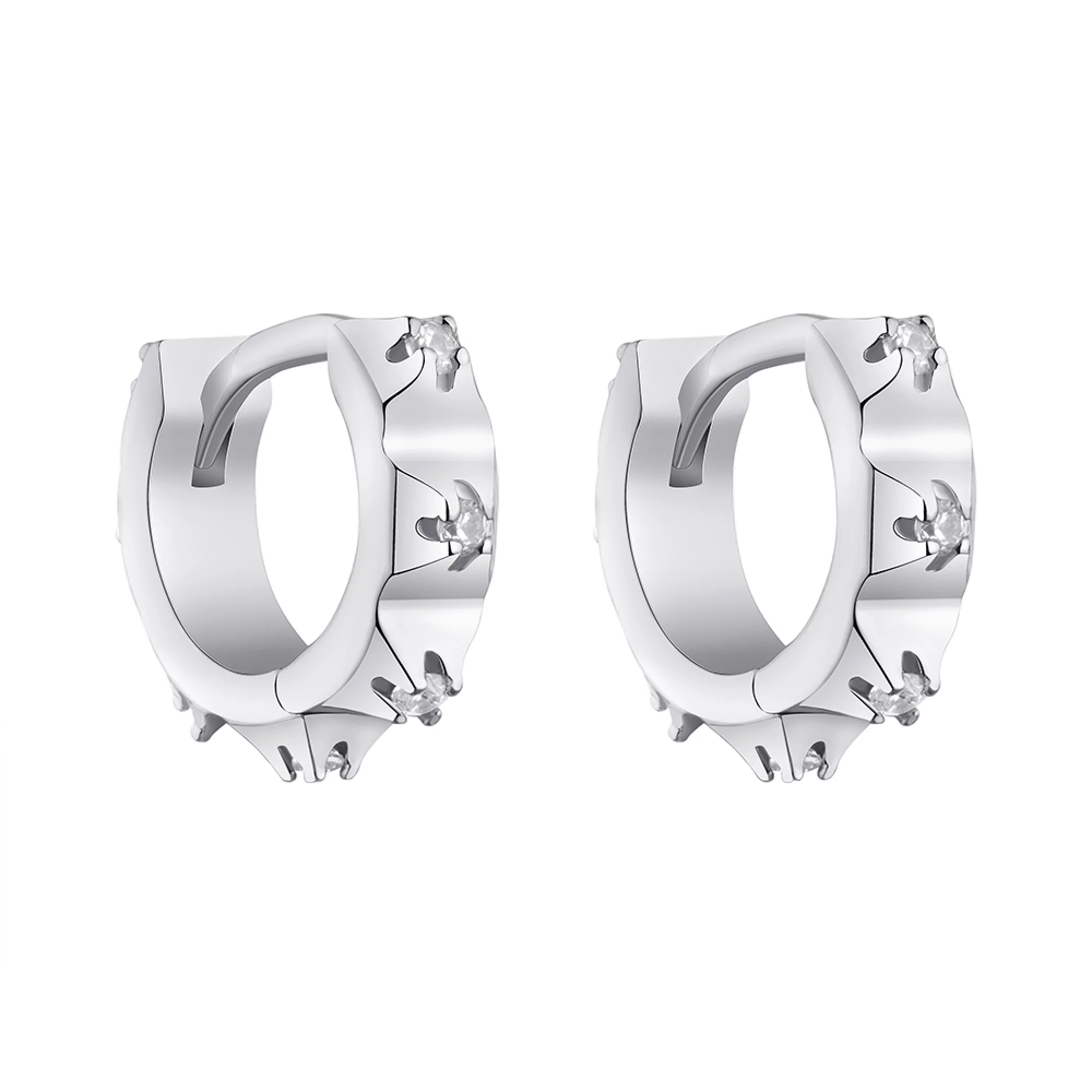 Серьги-кольца серебряные с фианитами и "Шипами"  - 1307318 – изображение 1
