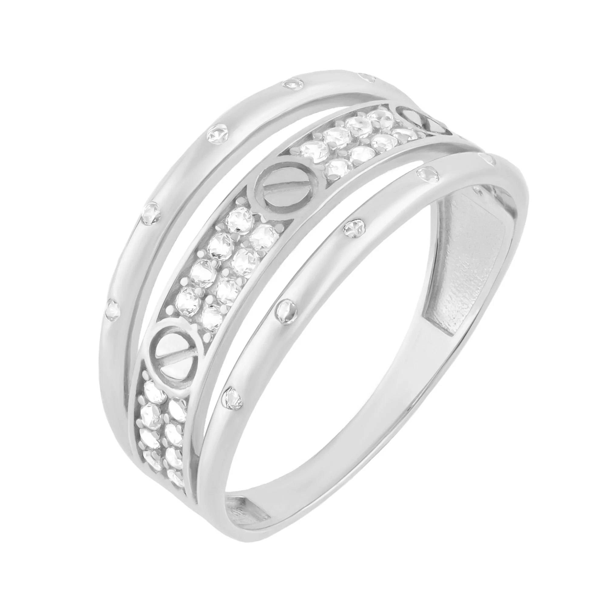 Тройное кольцо в белом золоте "Love" с фианитами - 1669147 – изображение 1