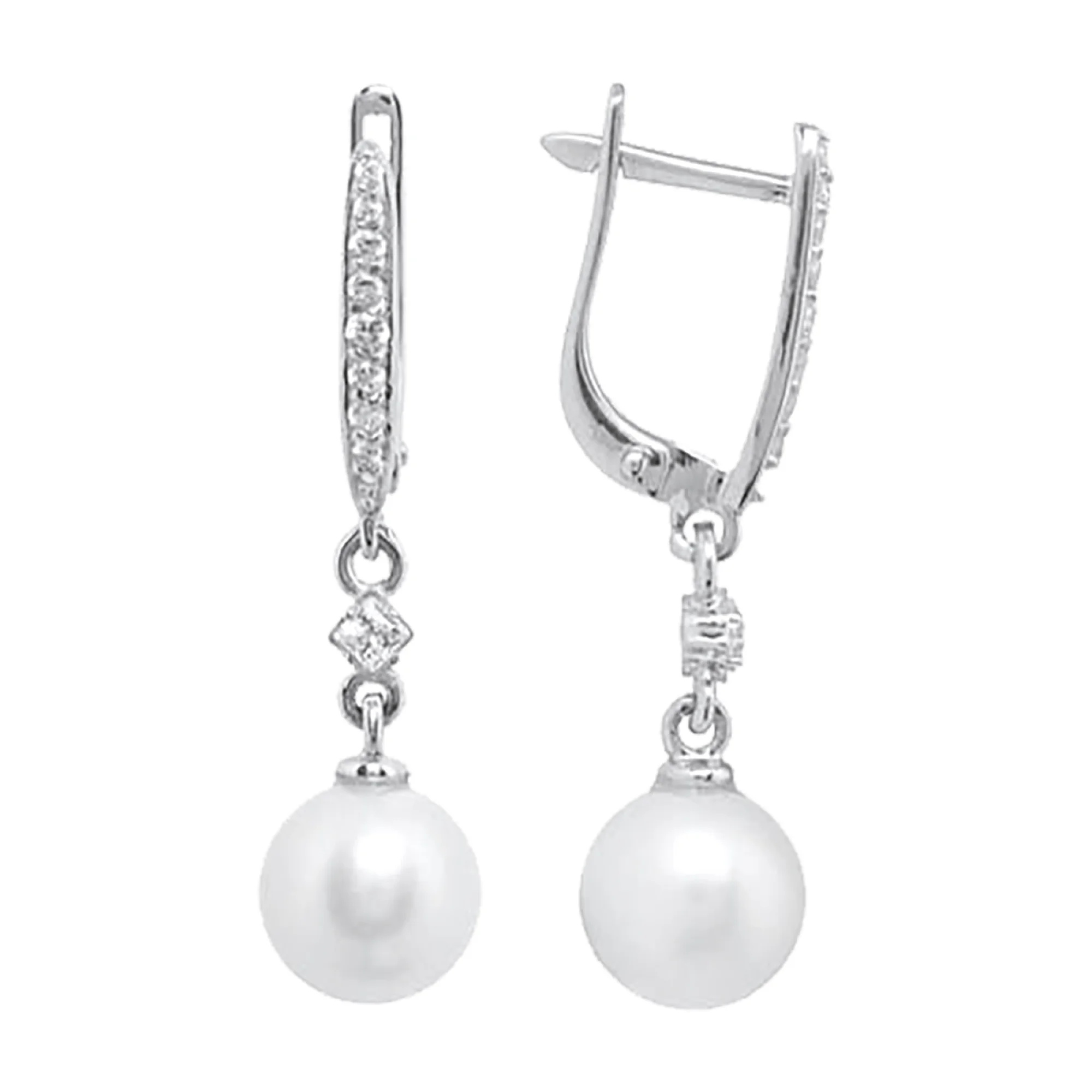 Сережки из белого золота с подвесом, фианитом и жемчугом - 969055 - 4