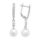 Сережки из белого золота с подвесом, фианитом и жемчугом - 969055