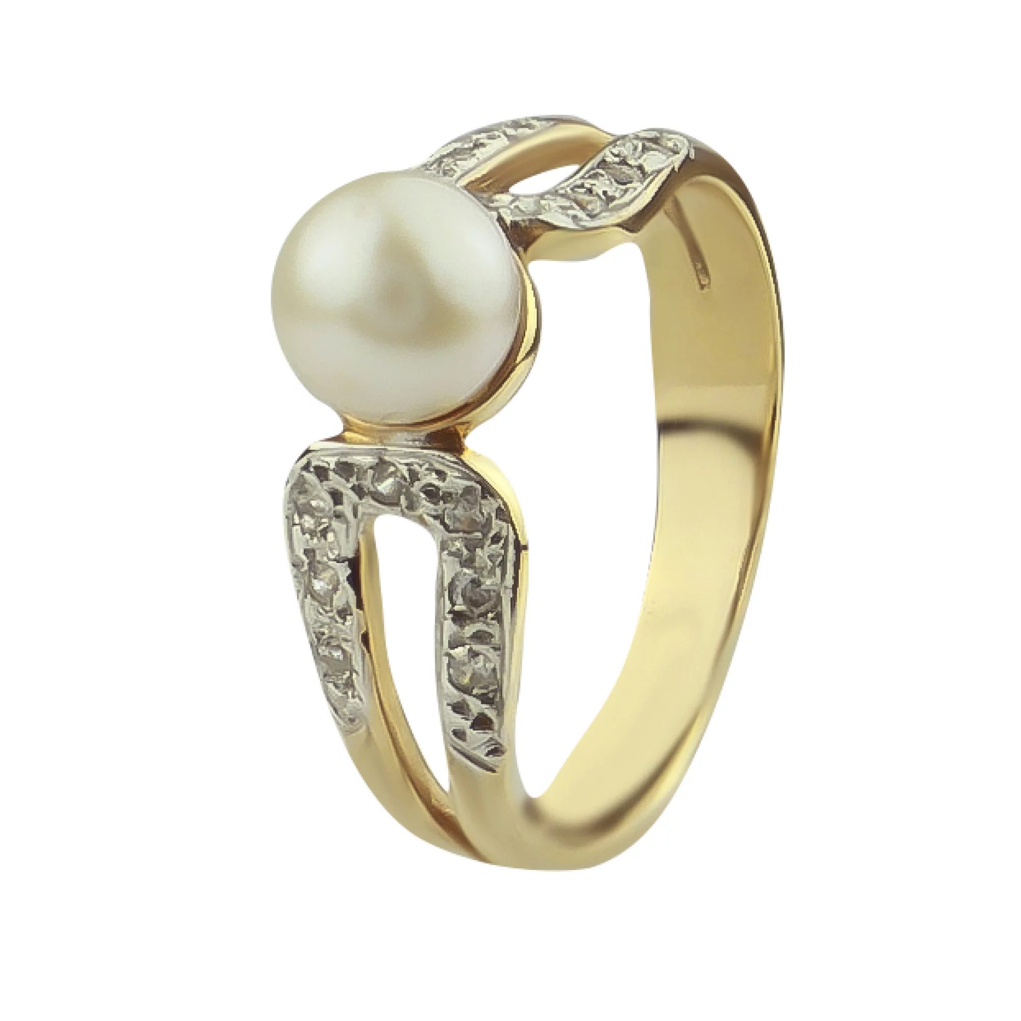 Золотое кольцо с жемчугом и фианитами - 522106 – изображение 1