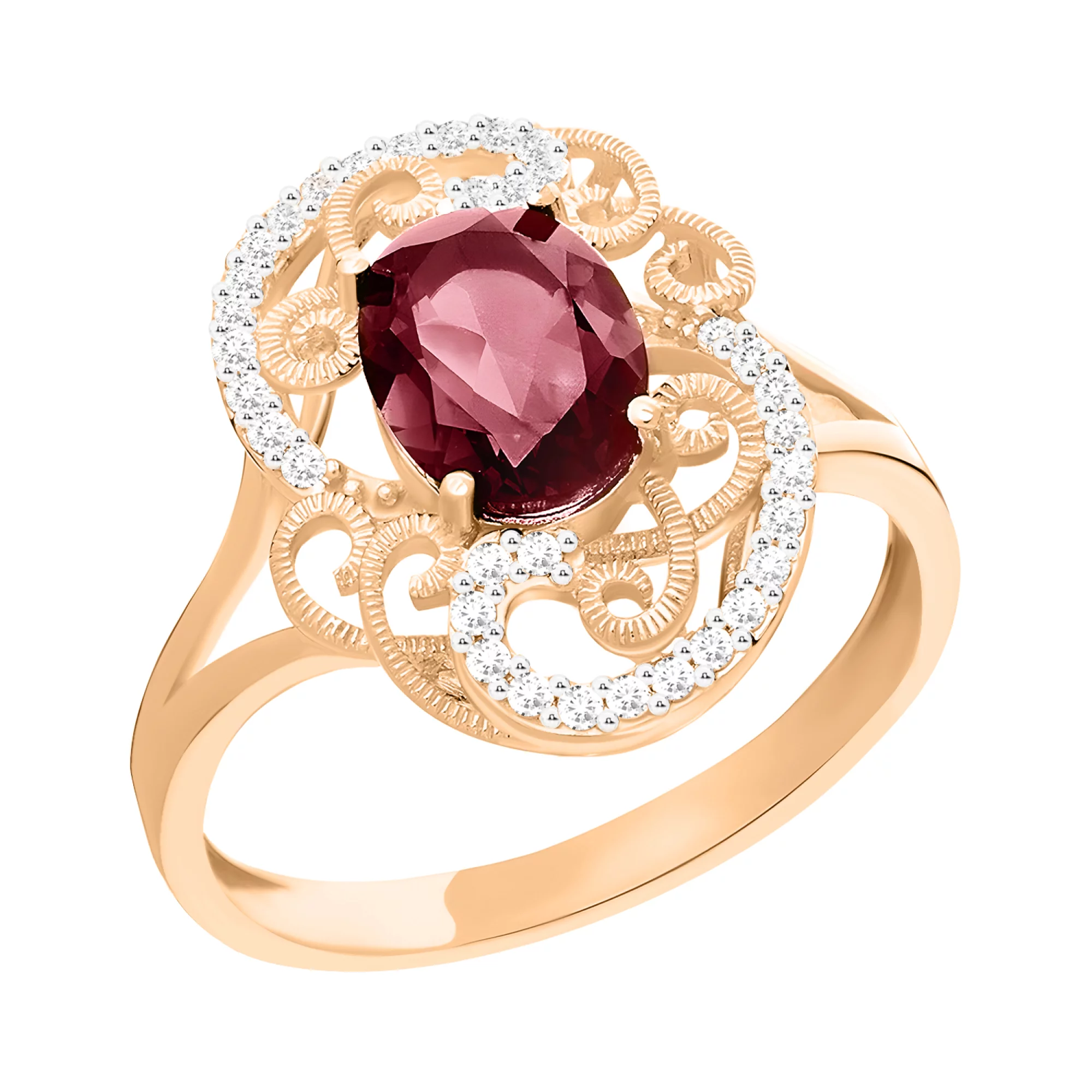 Ажурное кольцо из красного золота "Завитки" с кварцем и фианитами - 1534363 – изображение 1
