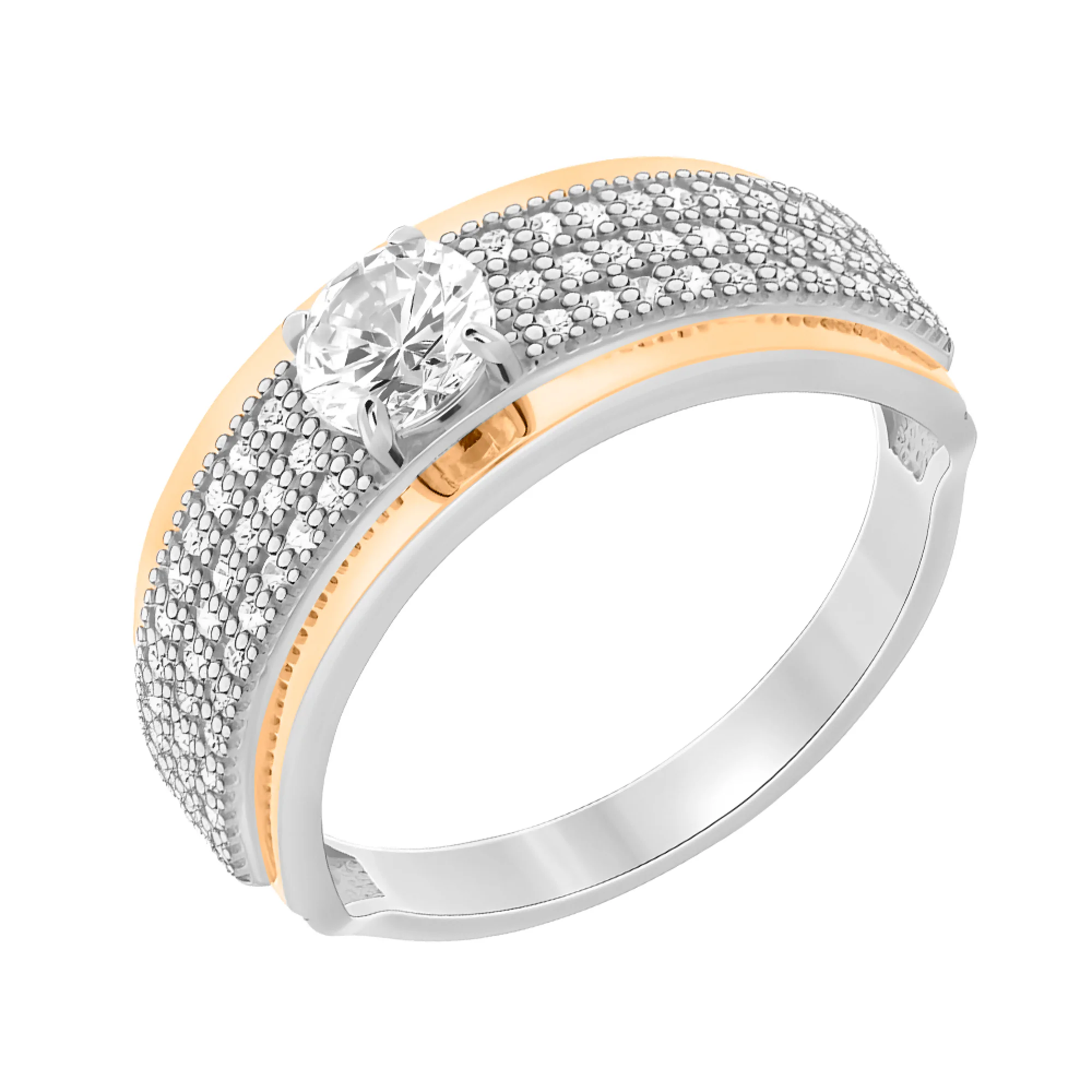Серебряное кольцо с позолотой и фианитами - 474163 - 1