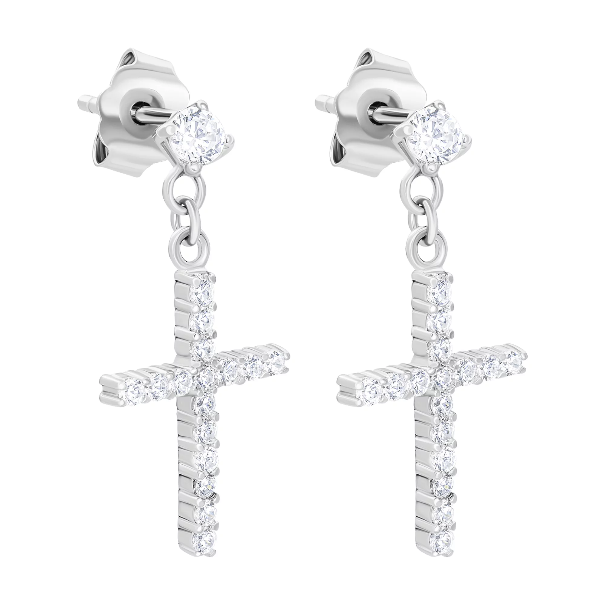 Сережки-гвоздики зі срібла з підвісками "Хрестик" з доріжкою фіанітів - 1558855 – зображення 1