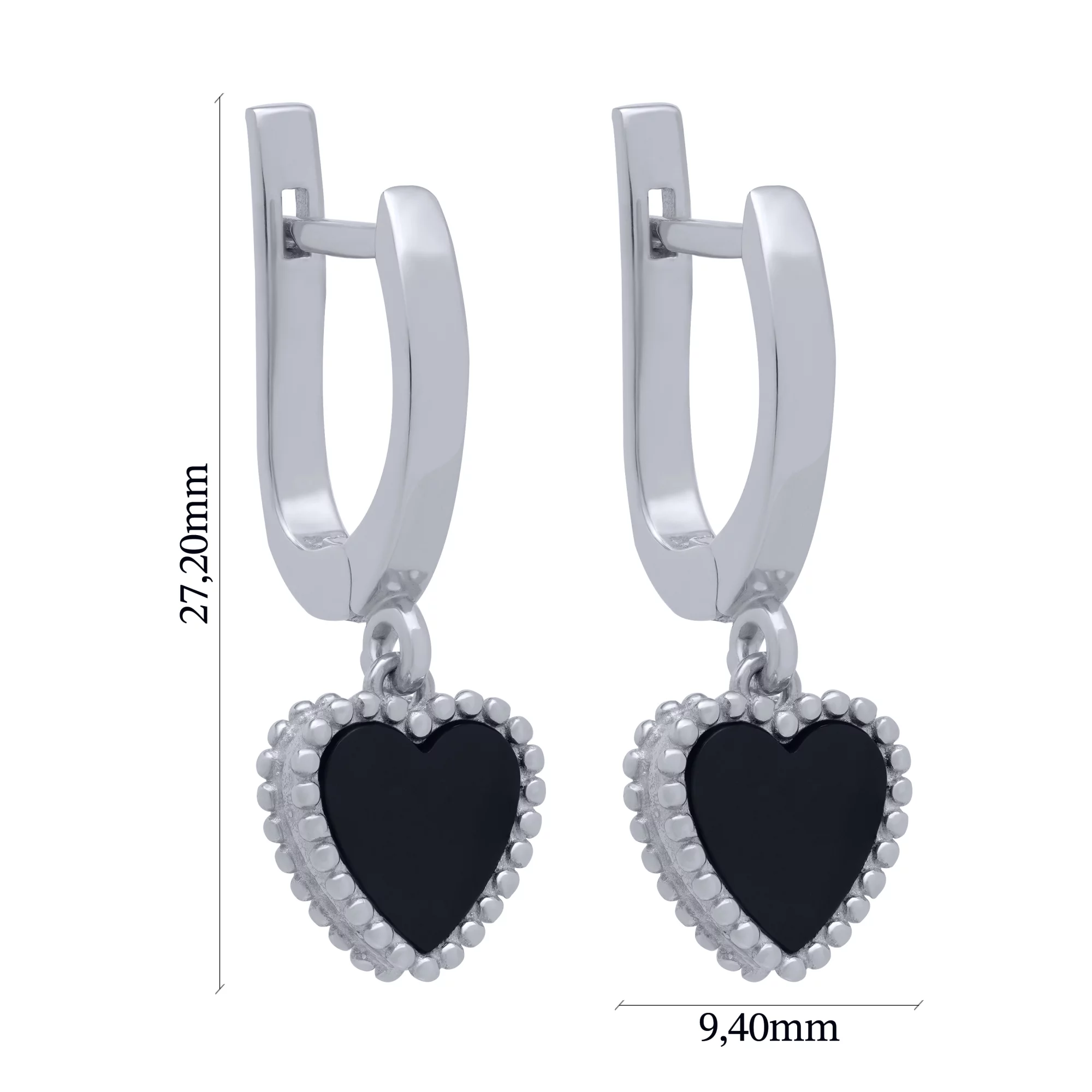 Серебряные серьги с подвесными сердечками с ониксом - 1683253 – изображение 3