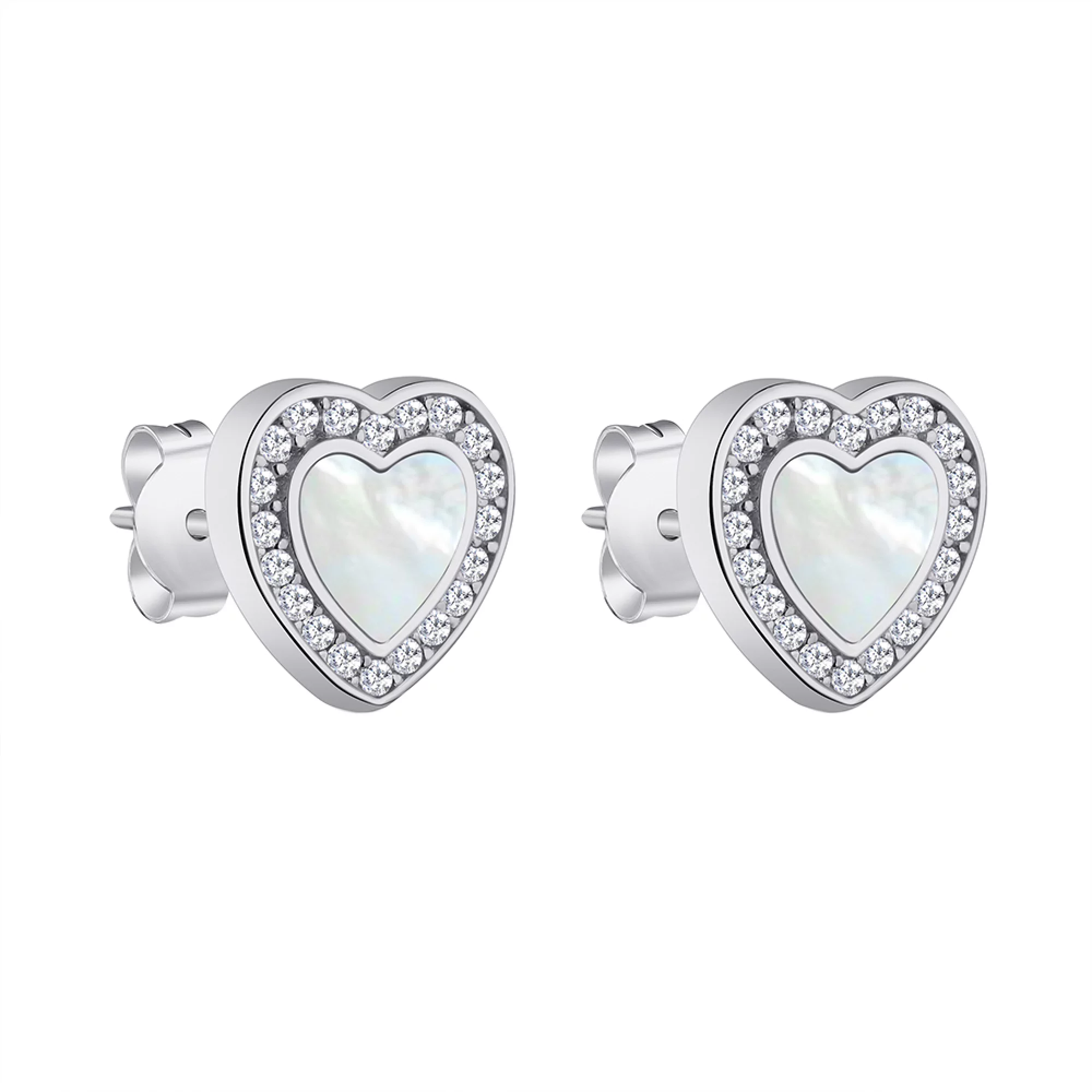 Сережки-гвоздики зі срібла з перламутром "Серце" та фіанітом - 1279424 – зображення 1