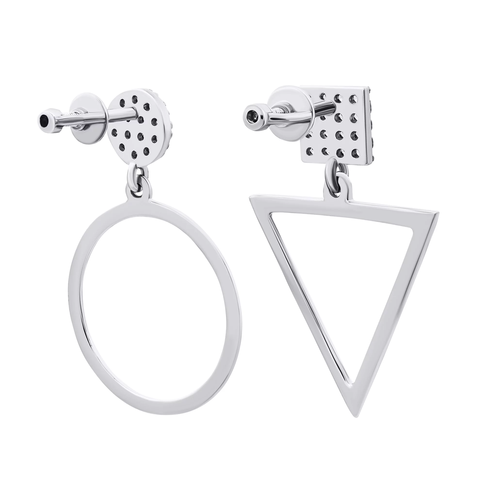 Сережки-гвоздики зі срібла з підвісками "Геометрія" та фіанітами  - 1548646 – зображення 2