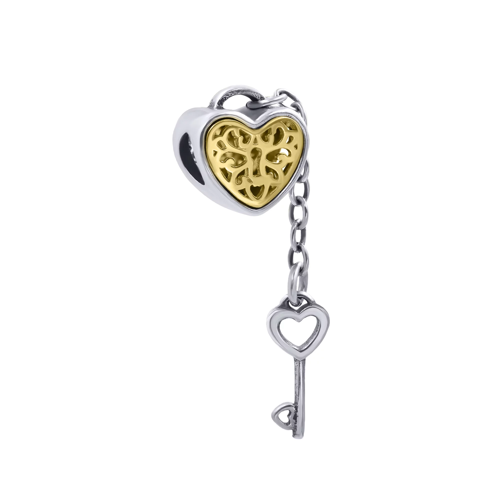 Серебряный шарм с подвеской "Сердце и Ключик" - 421691 – изображение 1