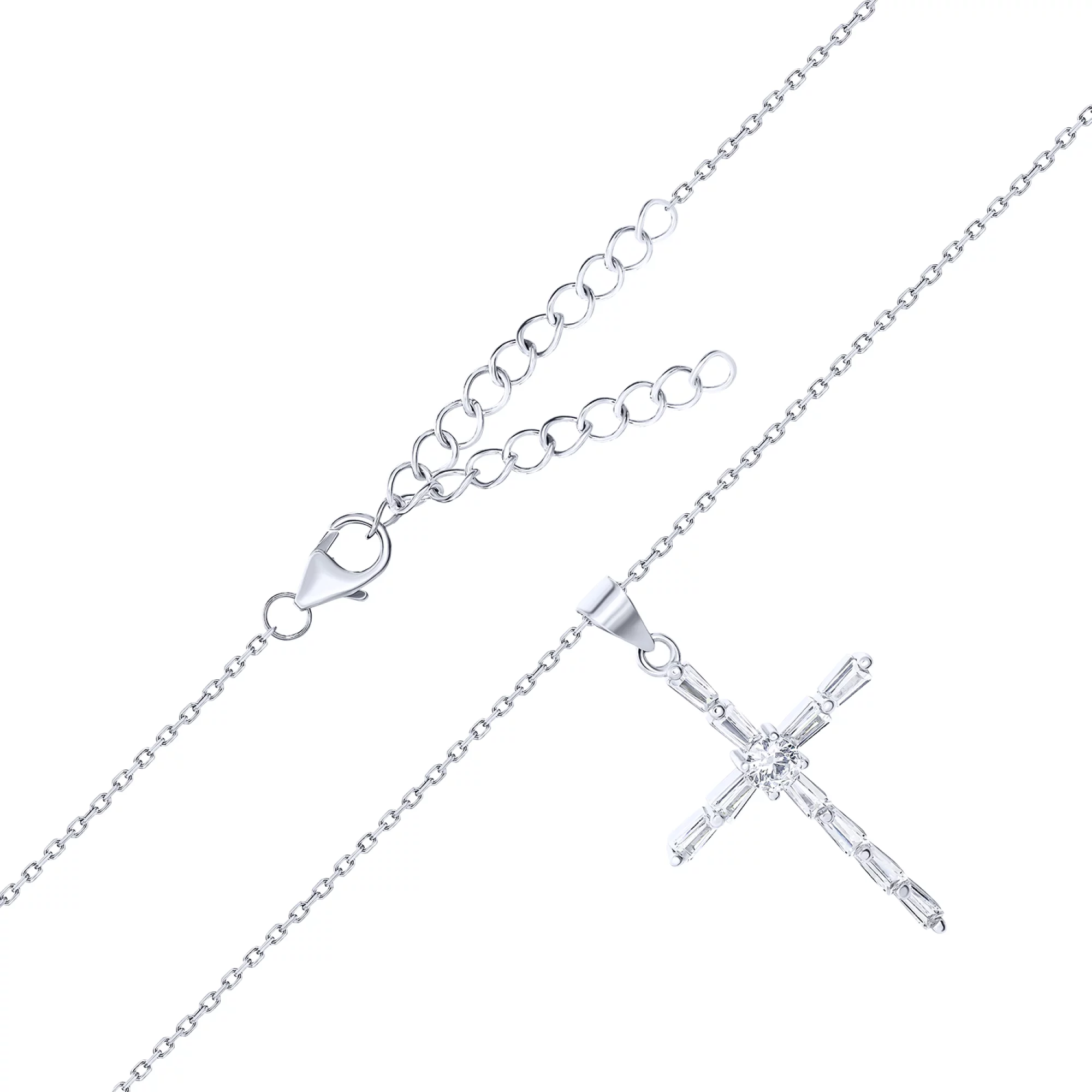 Ланцюжок у сріблі з підвіскою "Хрестик" і доріжкою фіаніту плетіння якір - 1592707 – зображення 2
