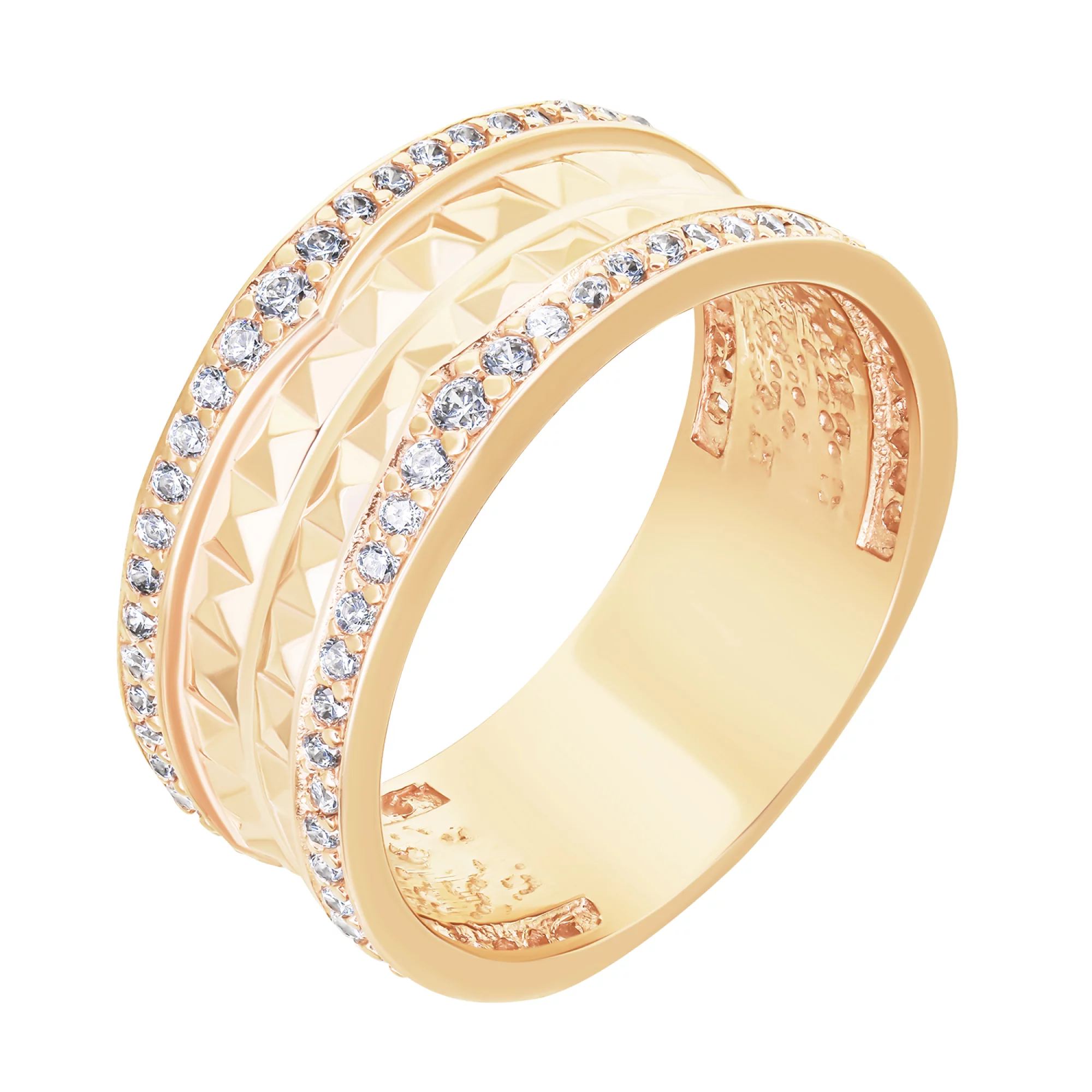Широкое кольцо в стиле булгари из красного золота с фианитами - 1612087 – изображение 1