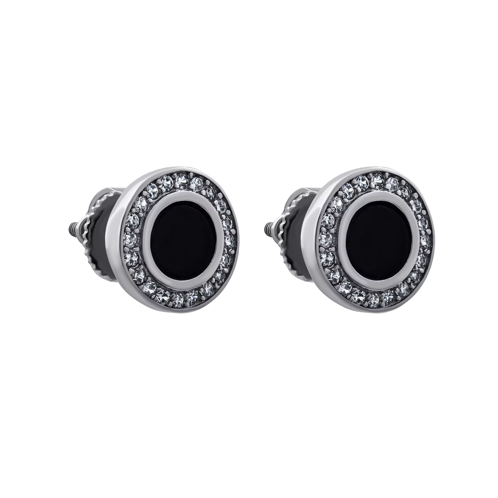 Сережки-гвоздики серебряные с эмалью и фианитом - 1269038 – изображение 1