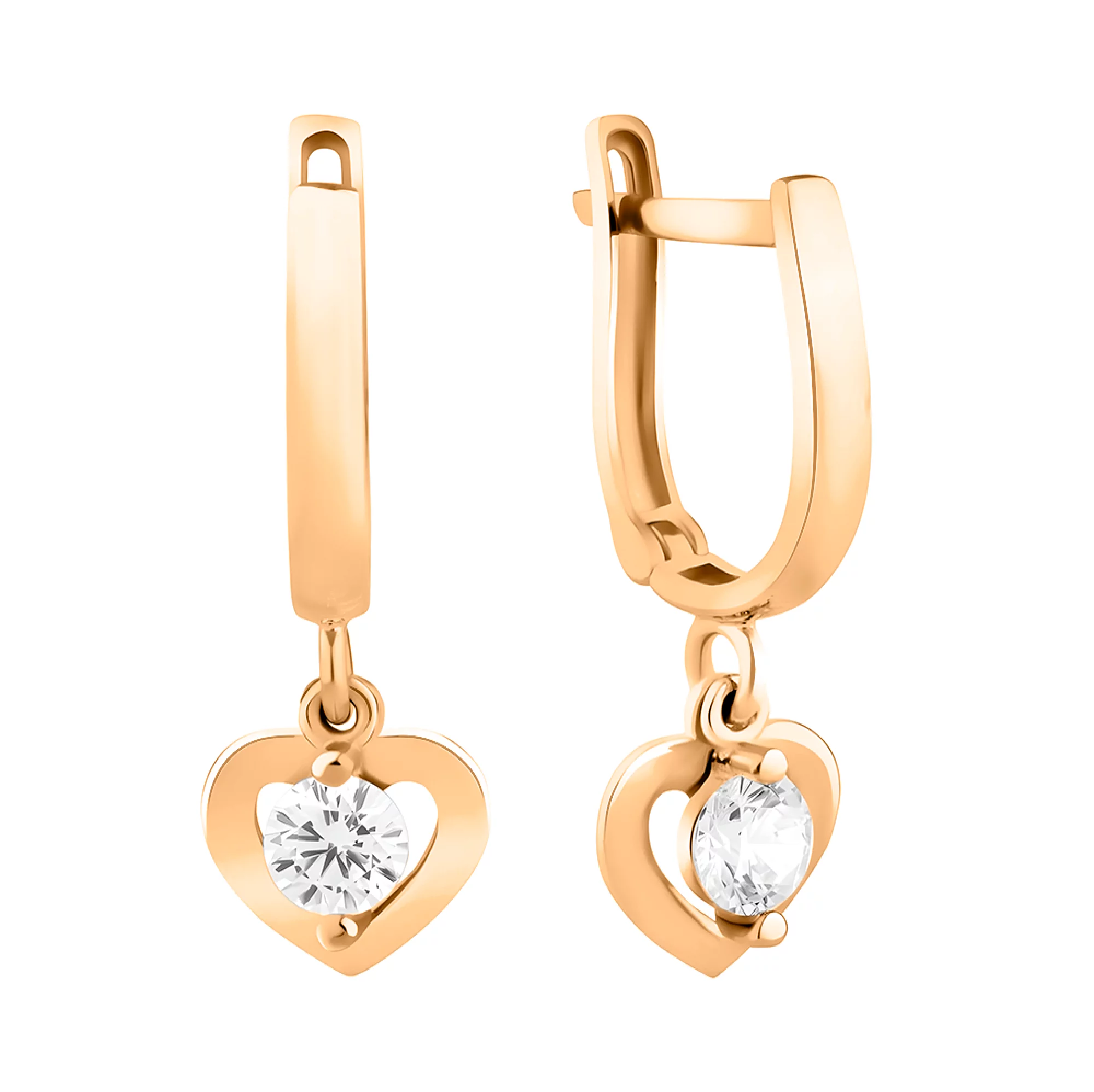 Серьги золотые с фианитом и подвесным сердечком - 1562181 – изображение 1