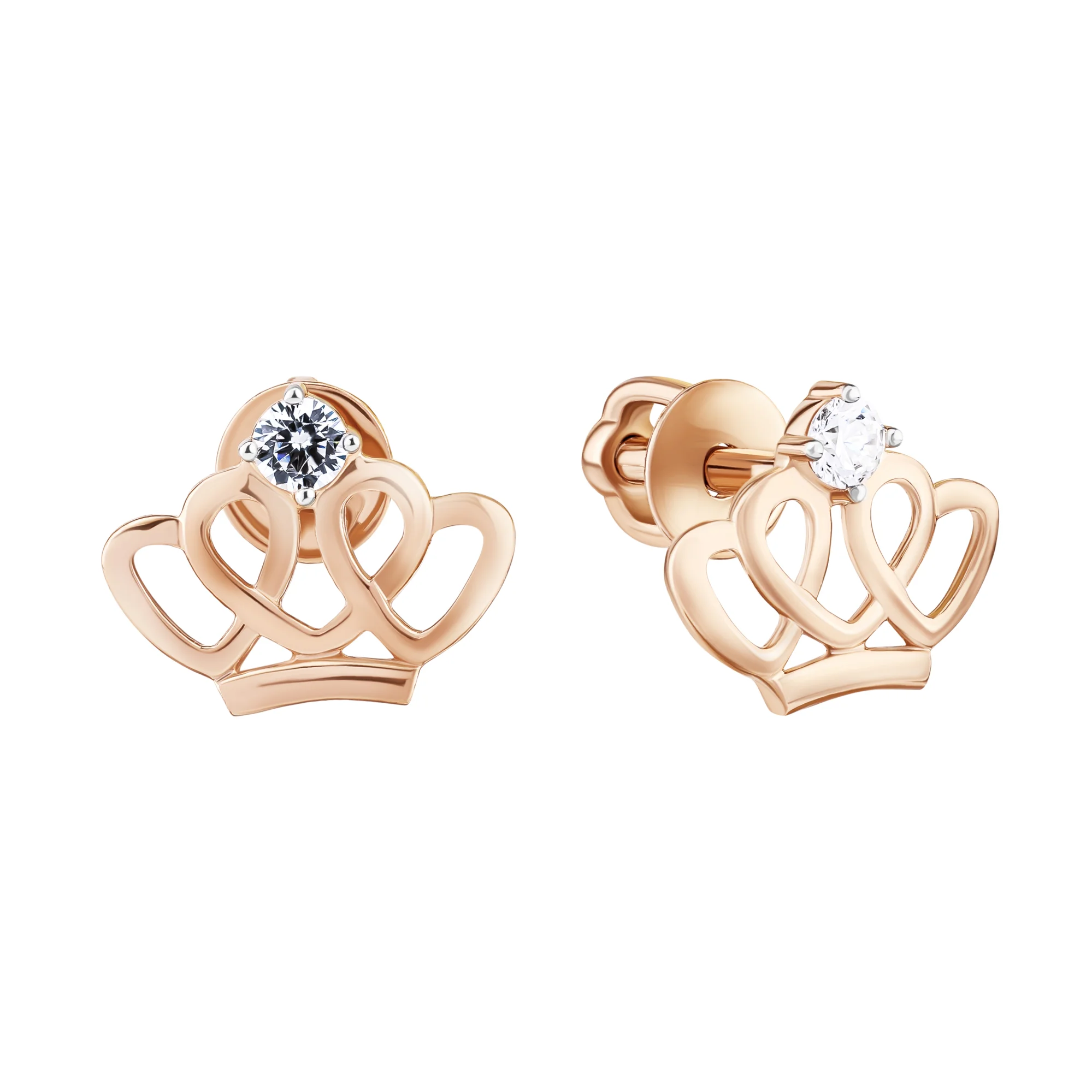 Сережки-гвоздики "Корона" из красного золота с фианитом - 1834061 - 2