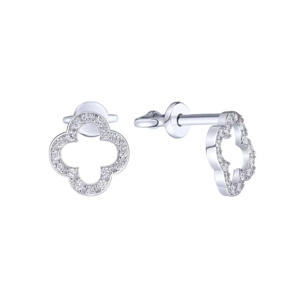 Срібні сережки-гвоздики з фіанітом Конюшина. Артикул 7518/82538б: ціна, відгуки, фото – купити в інтернет-магазині AURUM