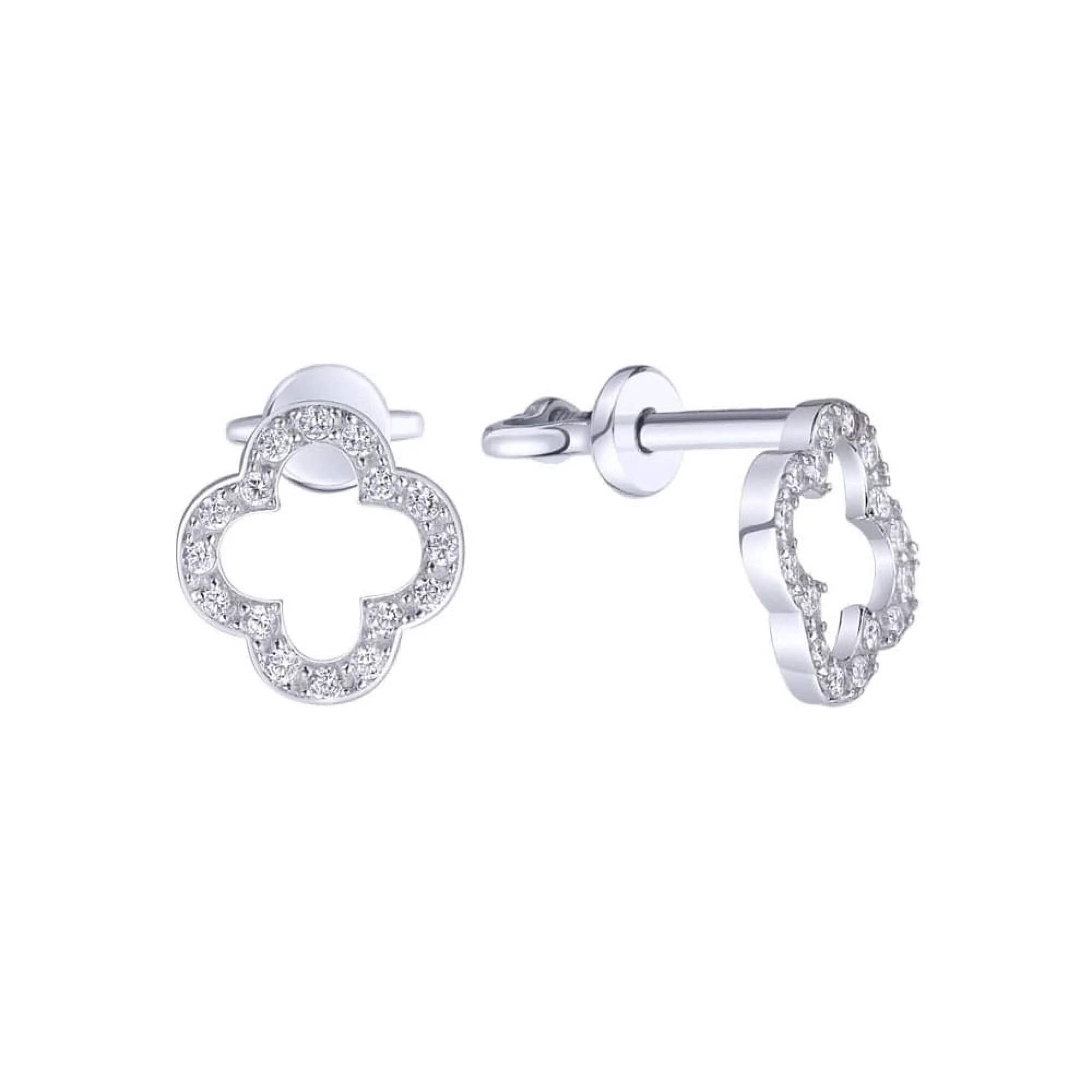 Серебряные серьги-гвоздики с фианитом "Клевер" - 411516 – изображение 1