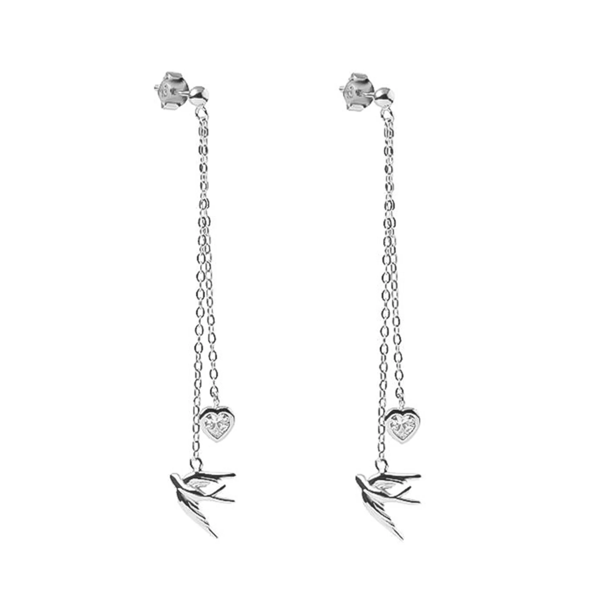 Сережки-гвоздики зі срібла з підвісами "Ластівки та Сердечко" з фіанітом - 1508088 – зображення 1