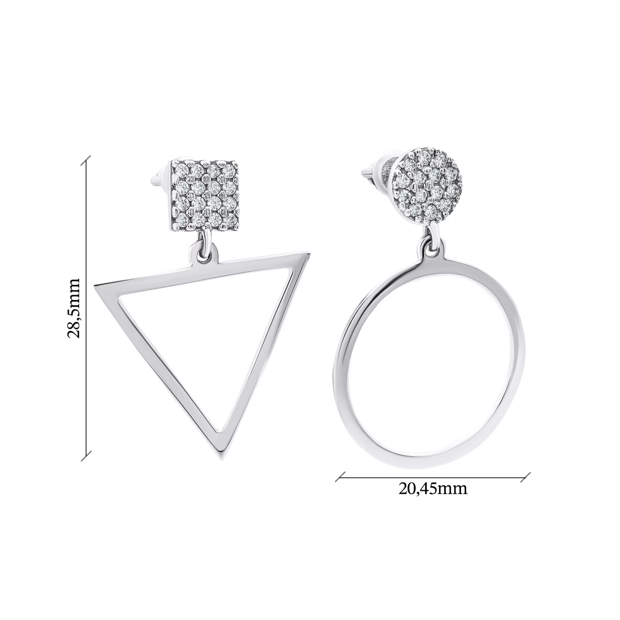 Сережки-гвоздики зі срібла з підвісками "Геометрія" та фіанітами  - 1548646 – зображення 3