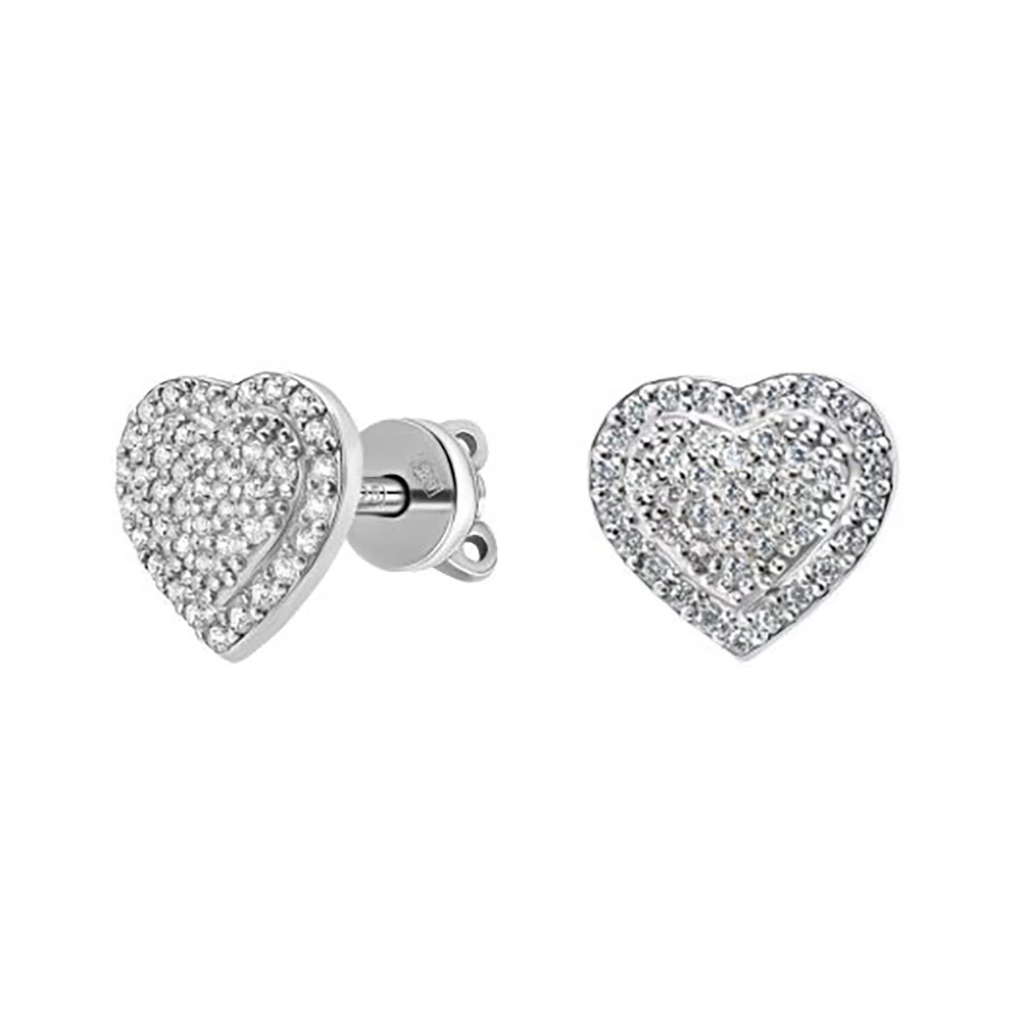 Срібні сережки-гвоздики "Сердечка" з фіанітом - 968975 – зображення 1
