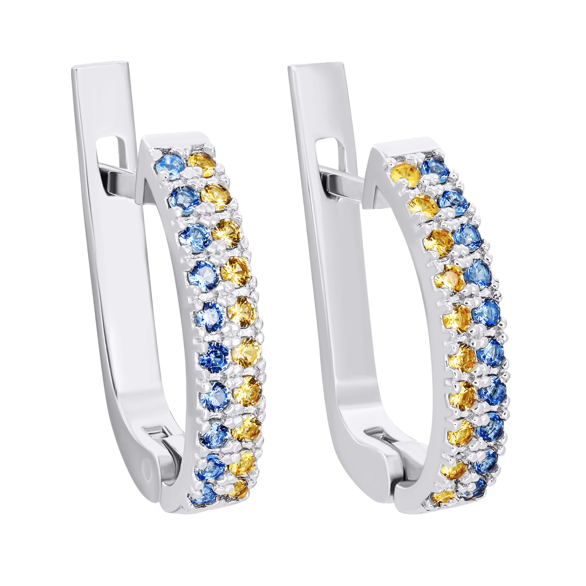 Срібні сережки з синіми та жовтими фіанітами - 1545998 – зображення 1