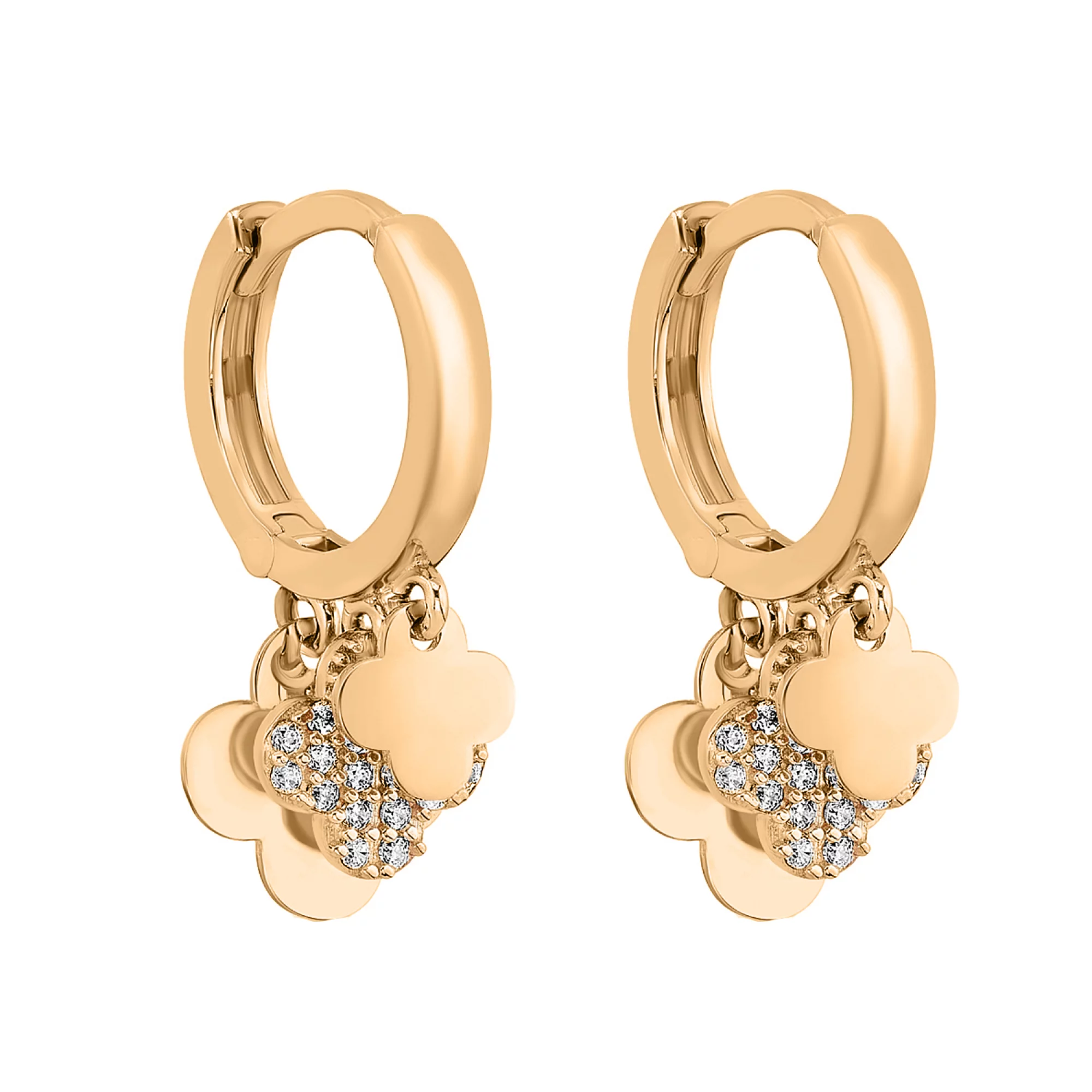 Золотые серьги-кольца с подвесами "Клевер" и фианитами - 1618472 – изображение 1
