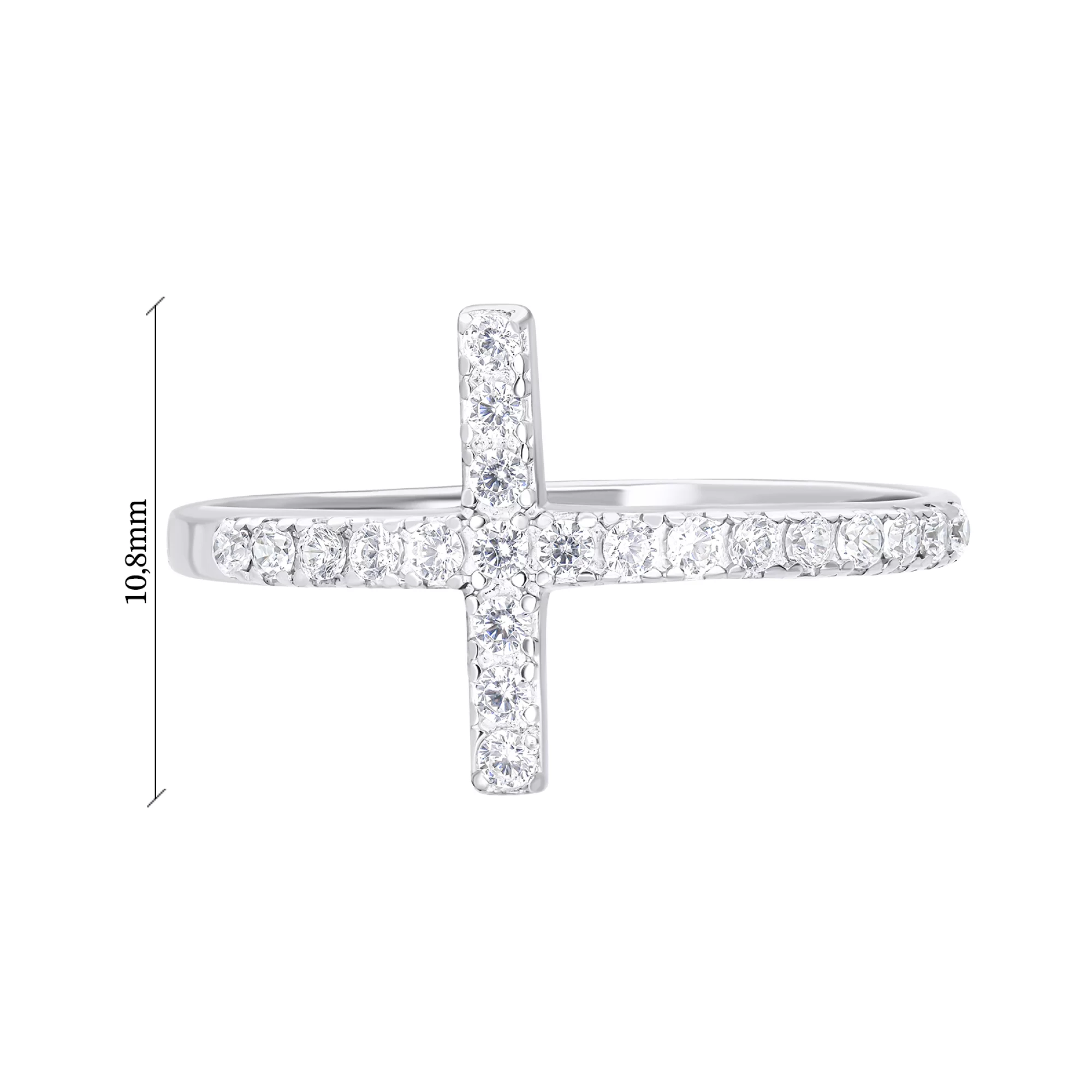 Срібна каблучка у формі хрестика з доріжкою фіанітів  - 1549832 – зображення 3