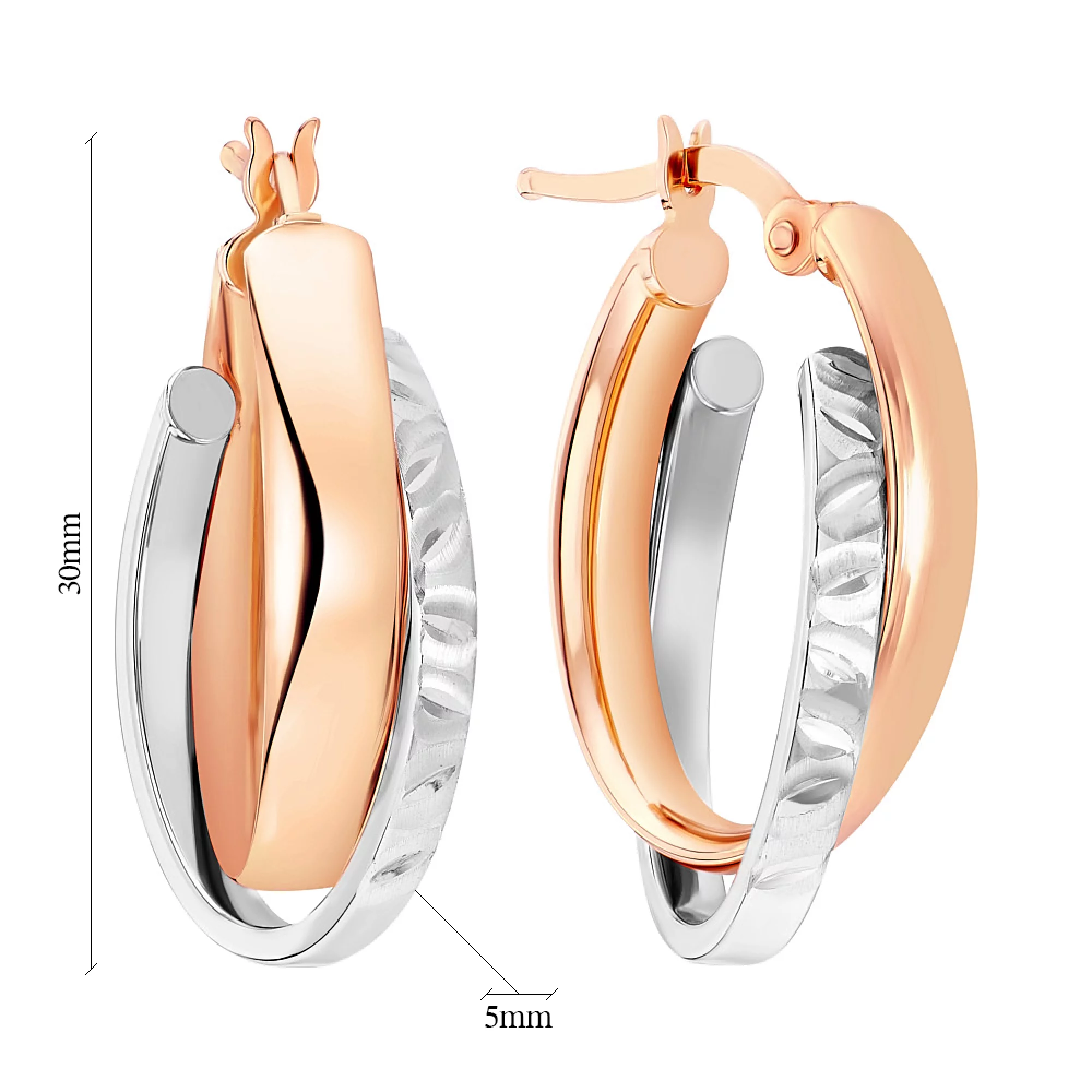 Сережки-кольца с алмазной гранью из комбинированого золота - 1350414 – изображение 2