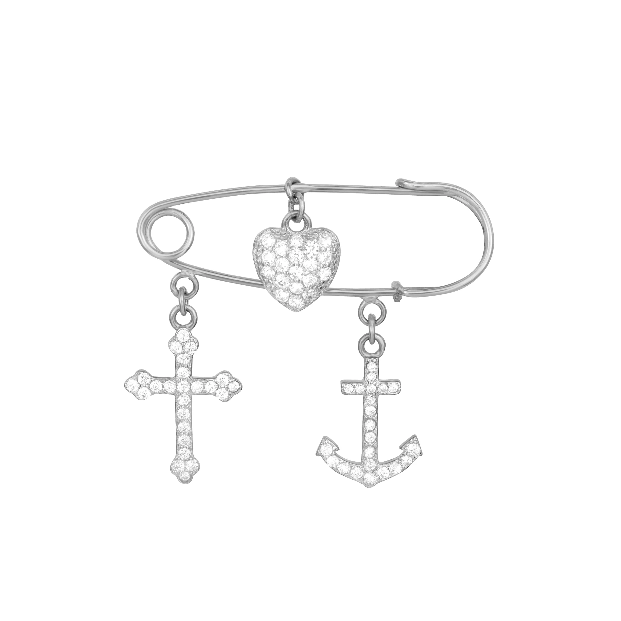 Булавка из серебра с подвесами Крестик Сердце Якорь с фианитом - 430951 – изображение 1