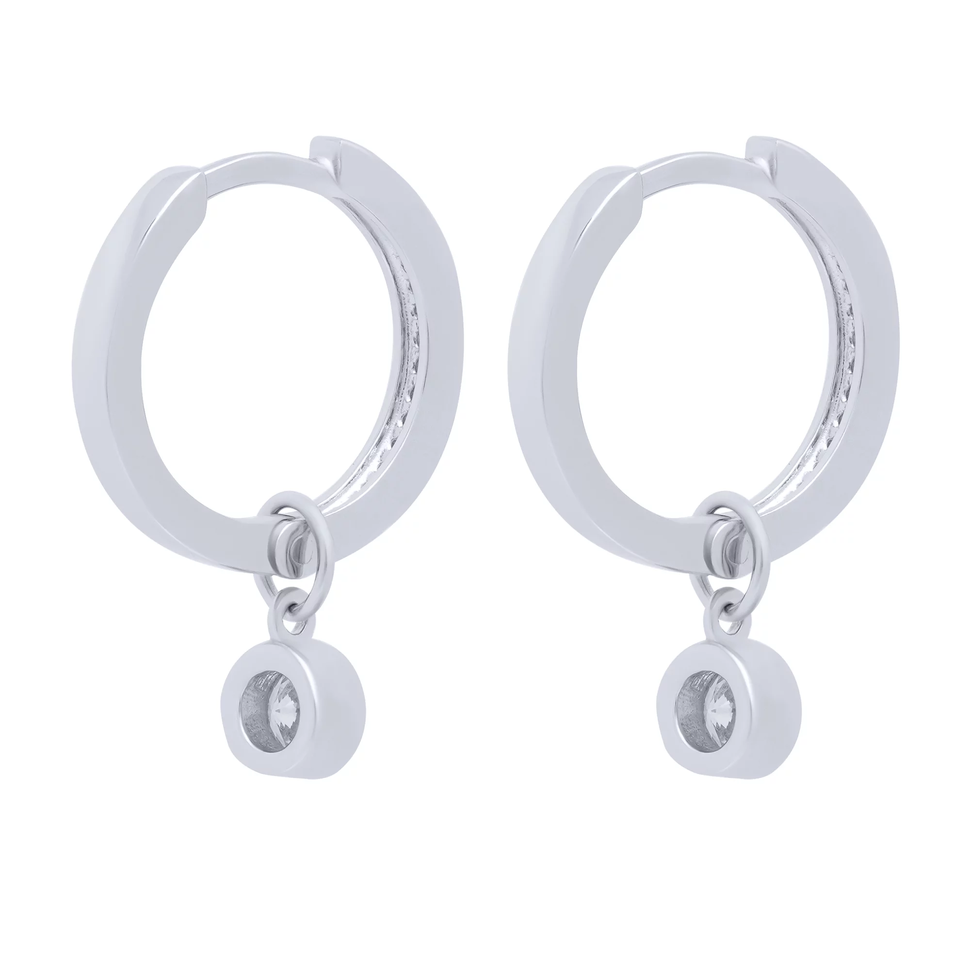 Срібні сережки-кільця з підвіскою та фіанітами - 1683251 – зображення 2