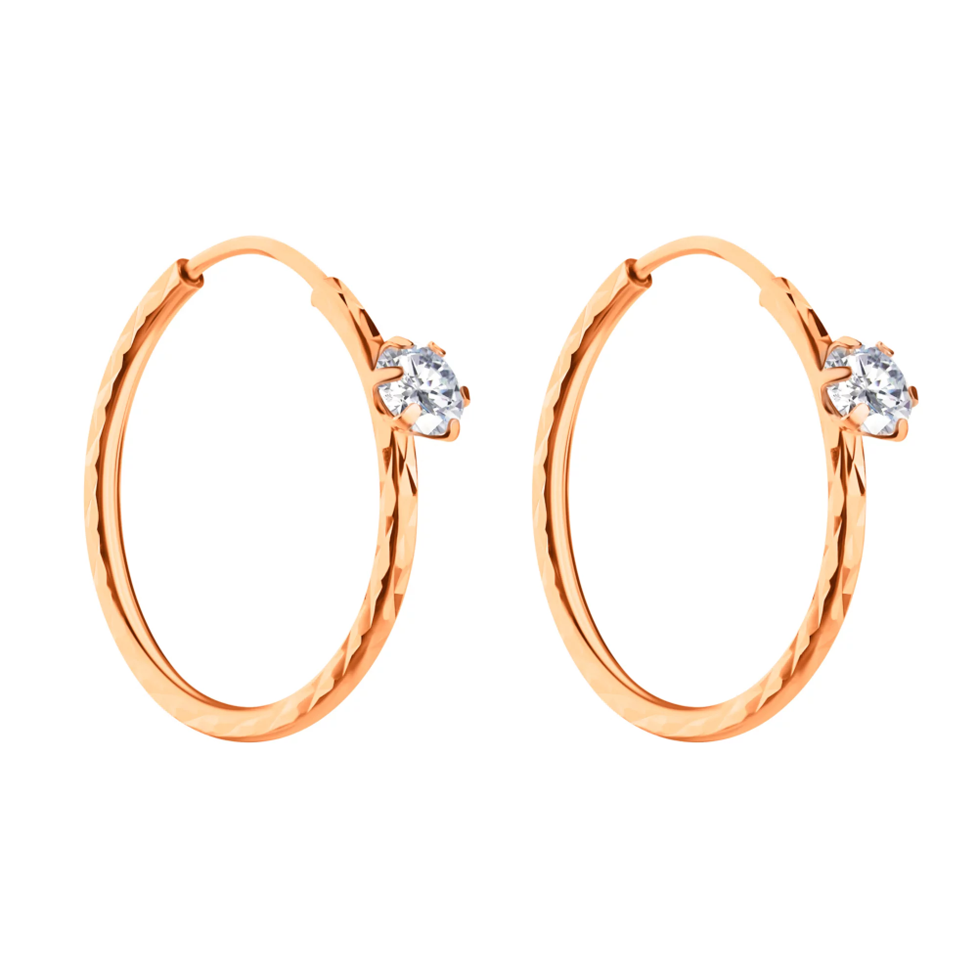 Сережки-кольца из красного золота с фианитом и алмазной гранью - 966747 – изображение 1