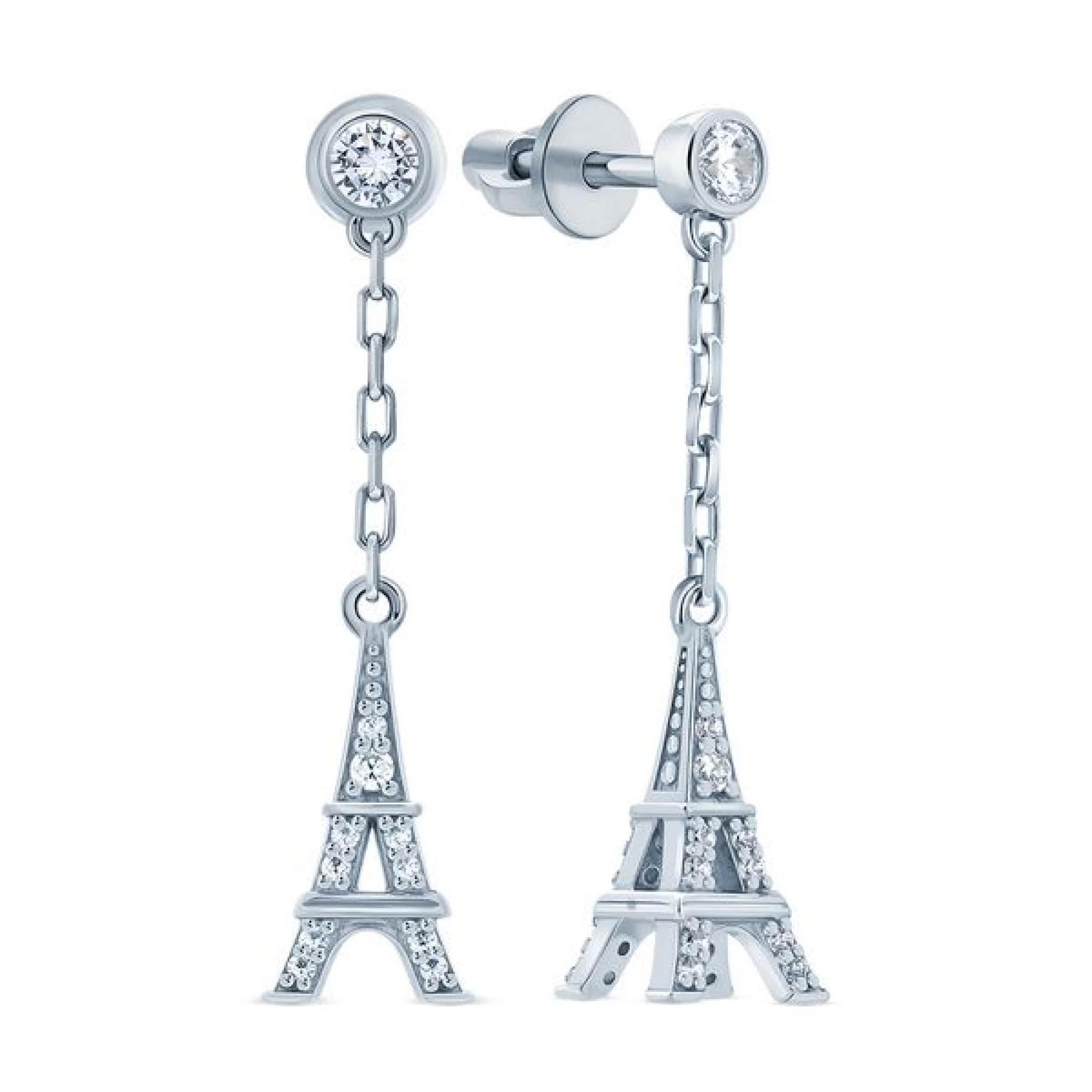Серебряные серьги-гвоздики "Эйфелева башня" с цирконием - 407892 – изображение 1