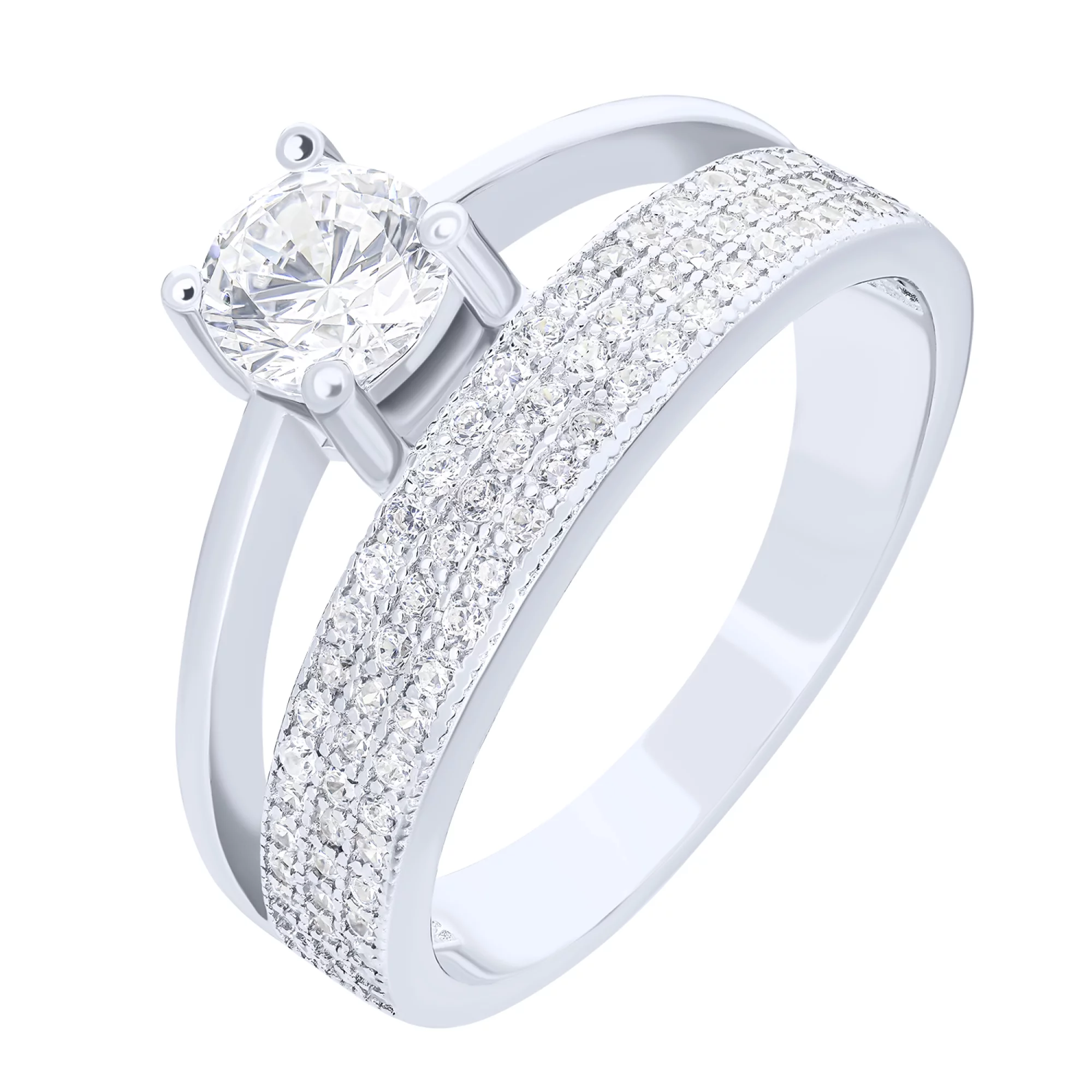 Серебряное двойное кольцо с россыпью фианитов - 1611421 – изображение 1