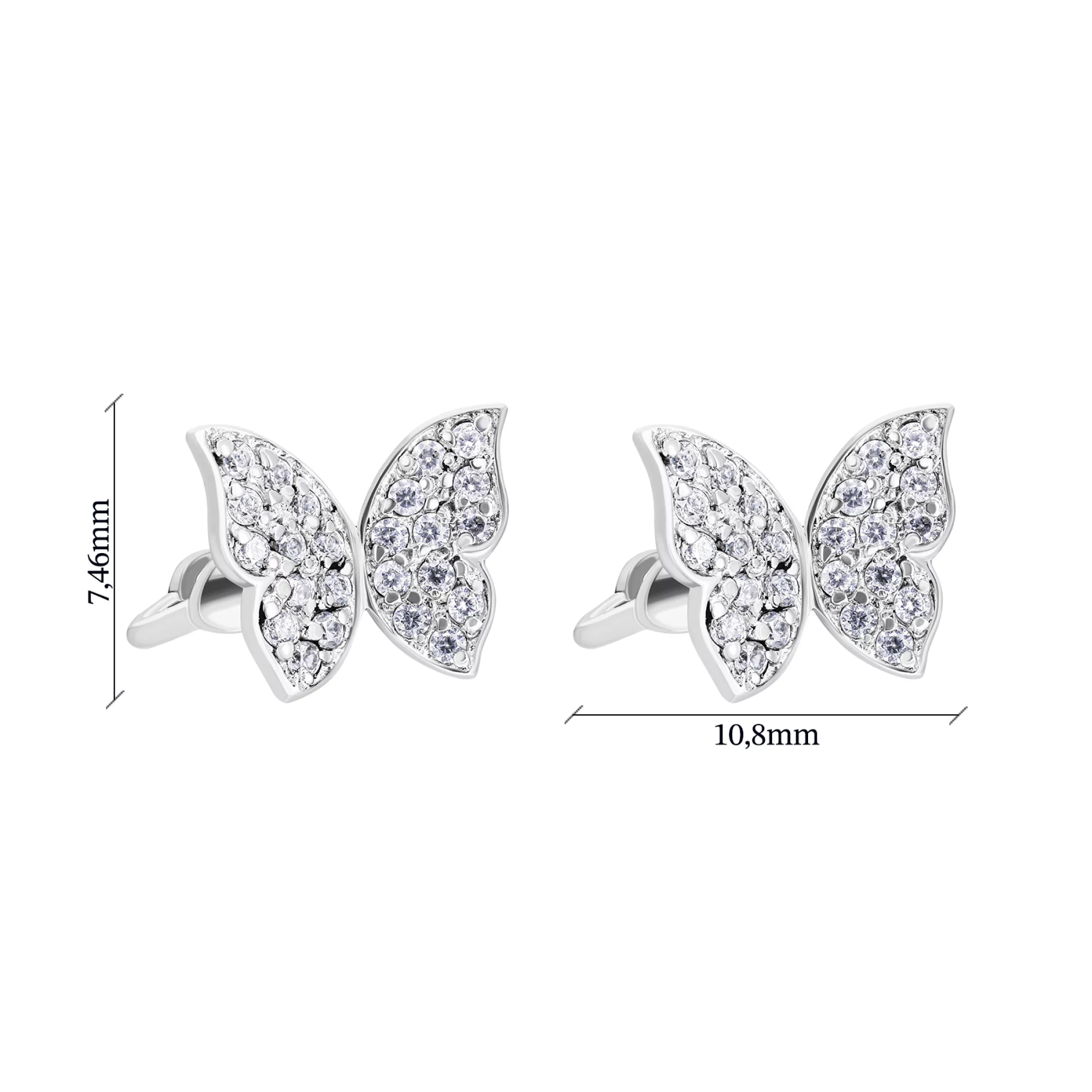 Срібні сережки-гвоздики з розсипом фіанітів "Метелик" - 1579436 – зображення 3