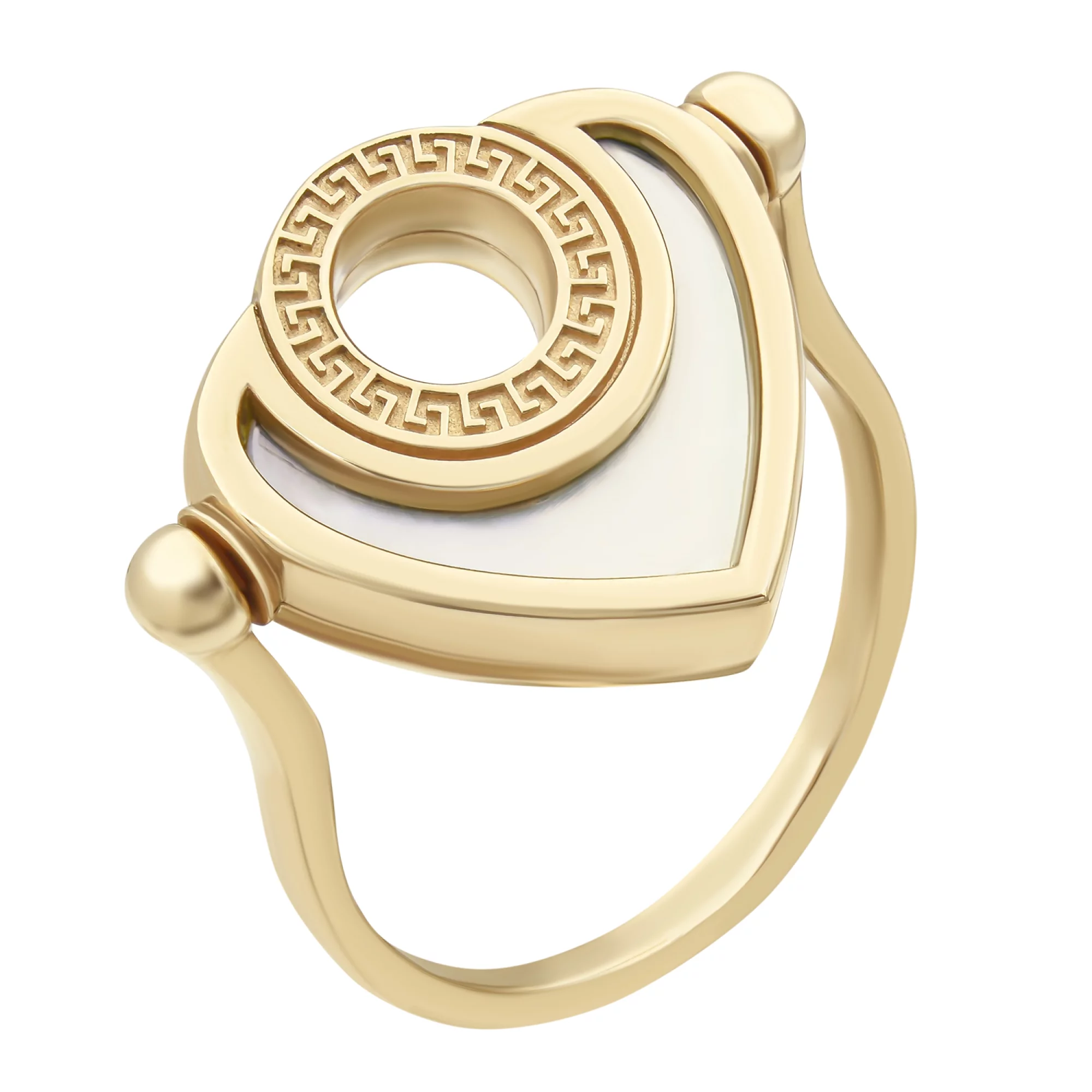 Кольцо золотое двухстороннее с перламутром и ониксом - 648169 – изображение 1