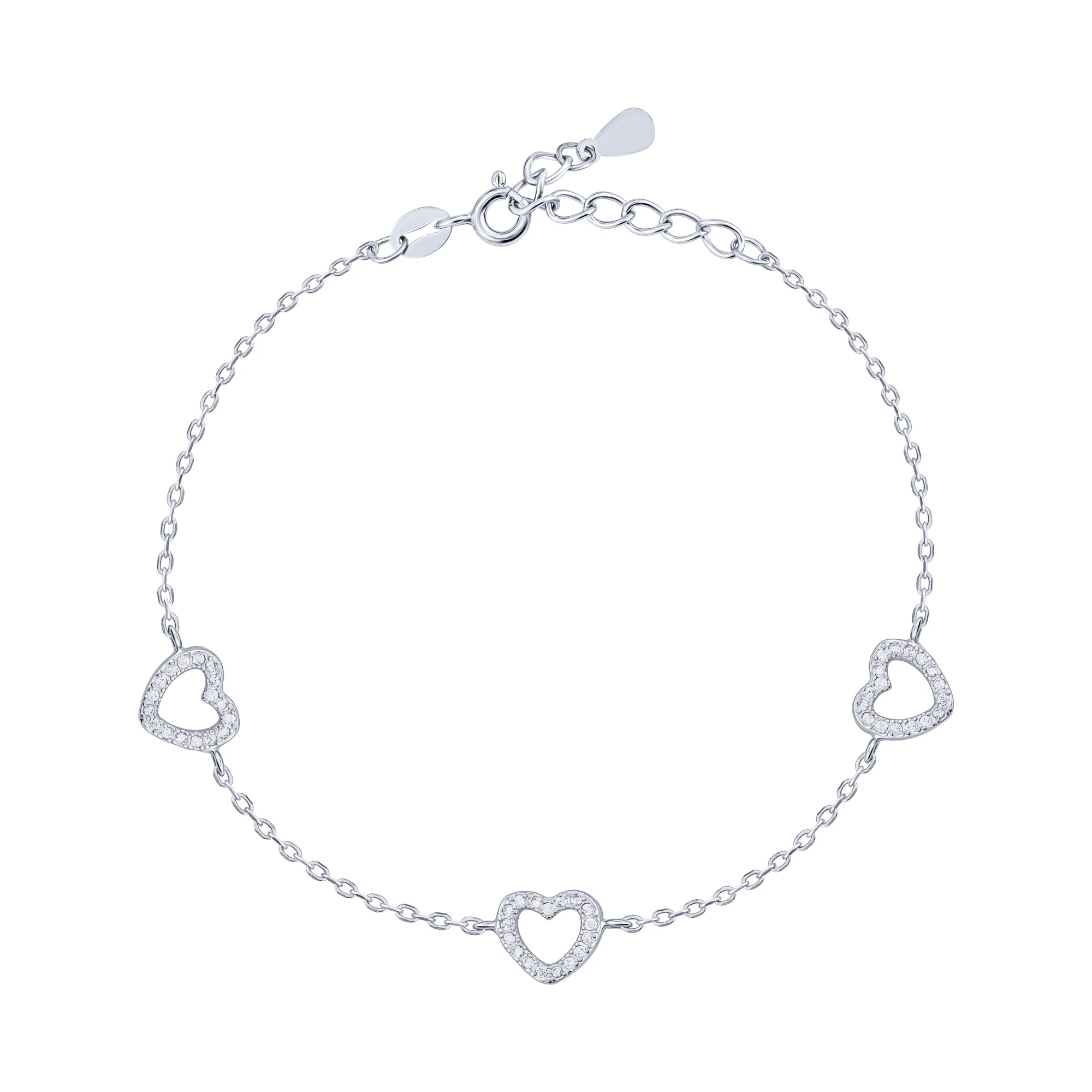 Серебряный браслет "Сердечки" с фианитами плетение якорь - 2162947 - 1
