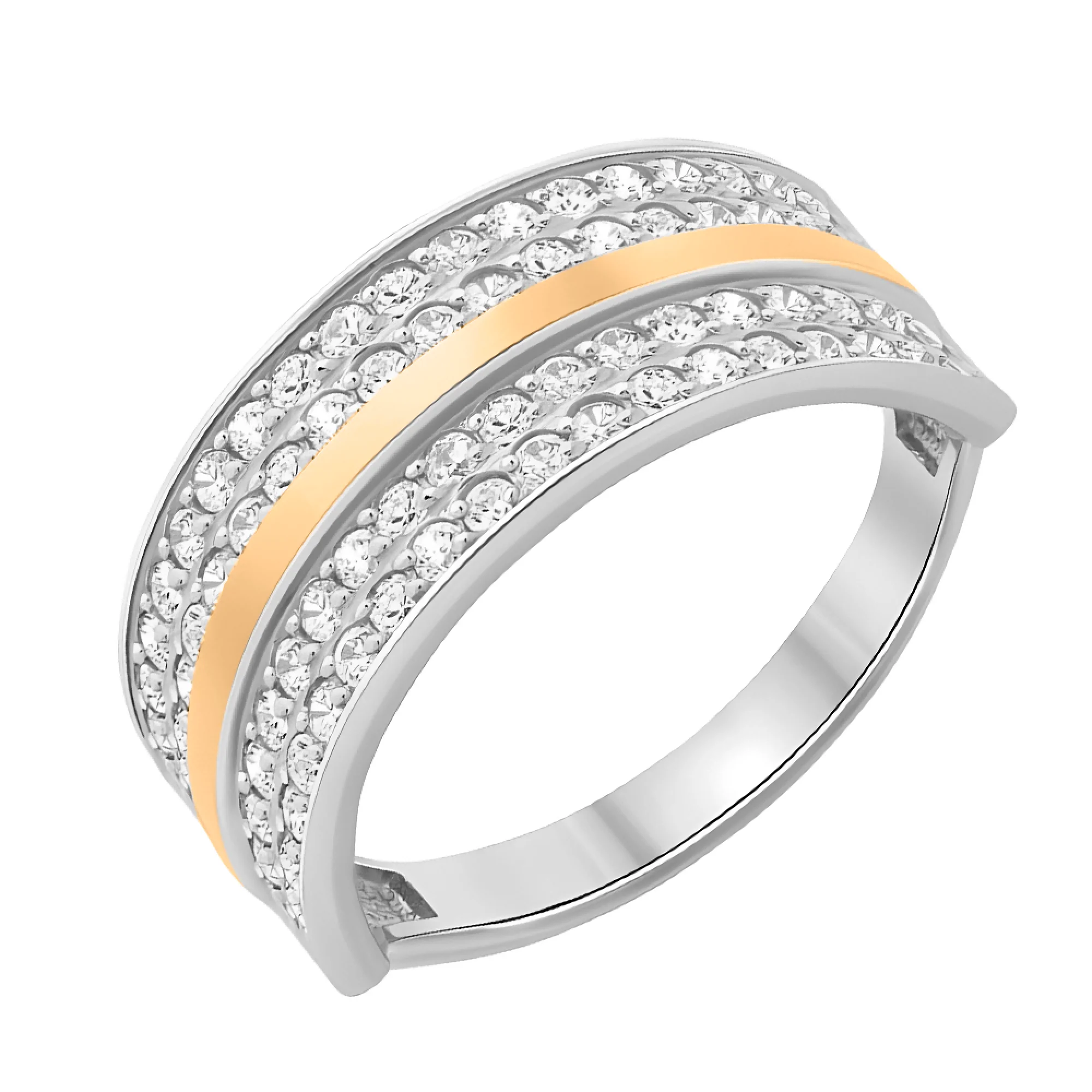 Серебряное кольцо с позолотой и фианитами - 474132 - 1