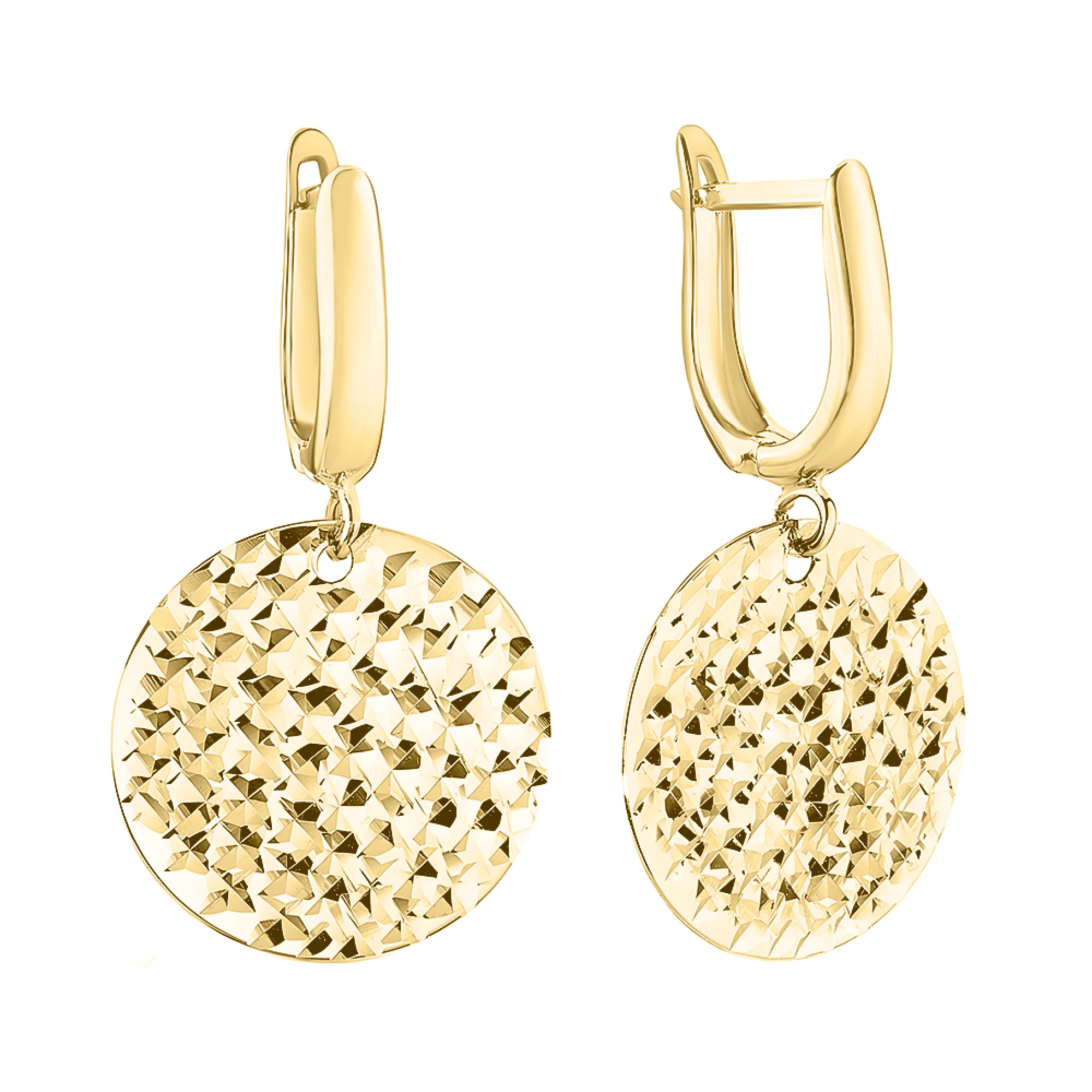 Золоті сережки з підвіскою та алмазною гранню "Монета" - 1559117 – зображення 1