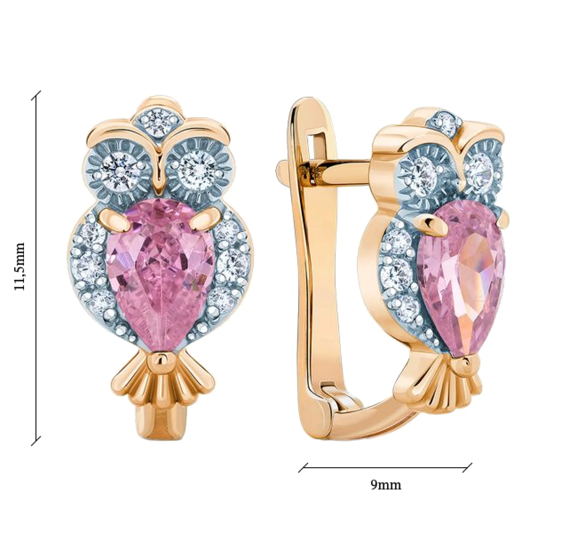 Серьги "Сова" с фианитами в красном золоте - 406696 - 2