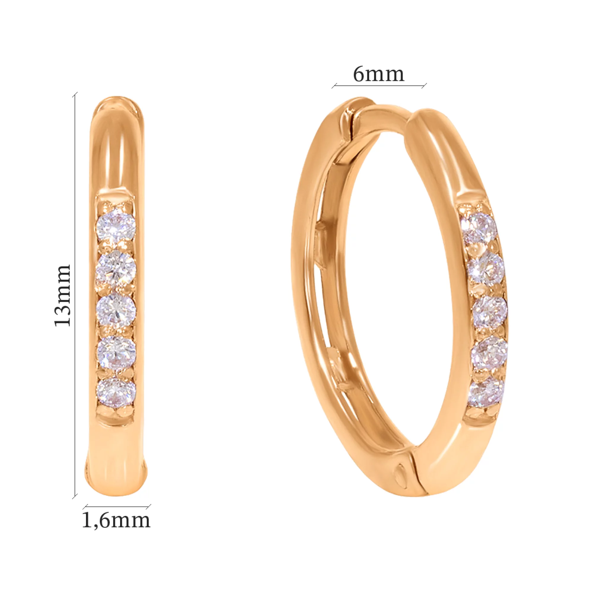 Сережки-кольца из красного золота с фианитом - 962964 – изображение 2