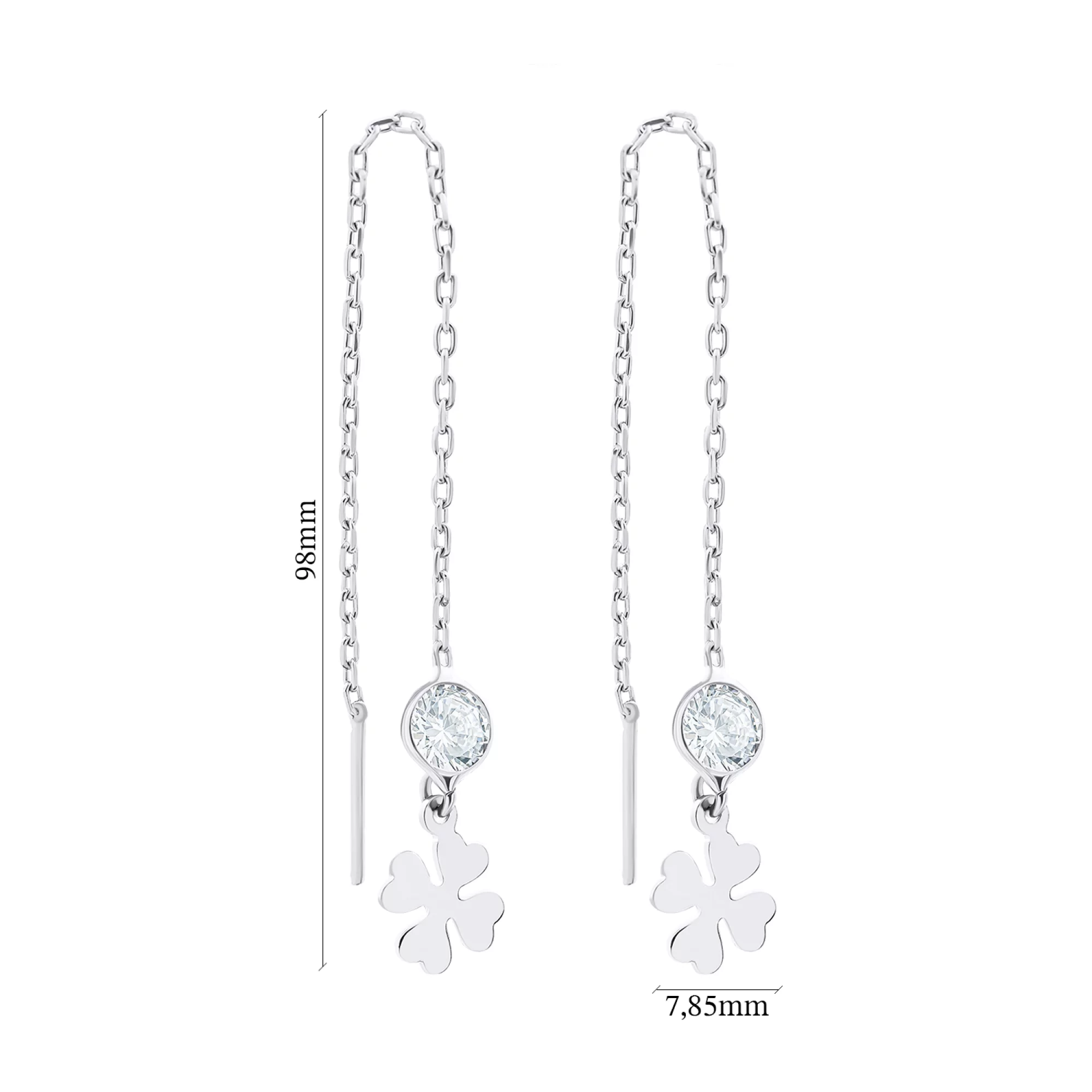 Срібні сережки-протяжки з підвісками "Конюшина" та фіанітами - 1520644 – зображення 2