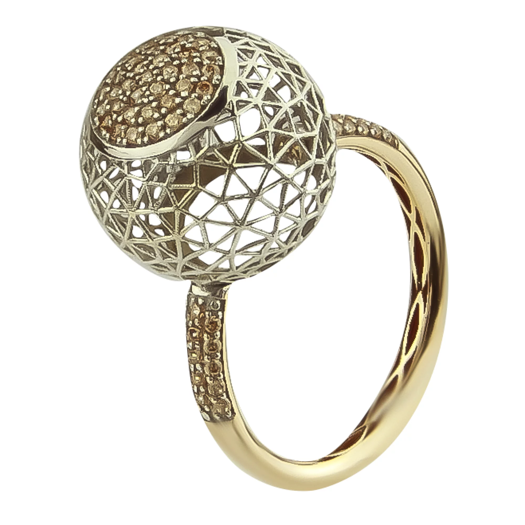 Золотое кольцо "Шар" с фианитами шампань - 482908 – изображение 1