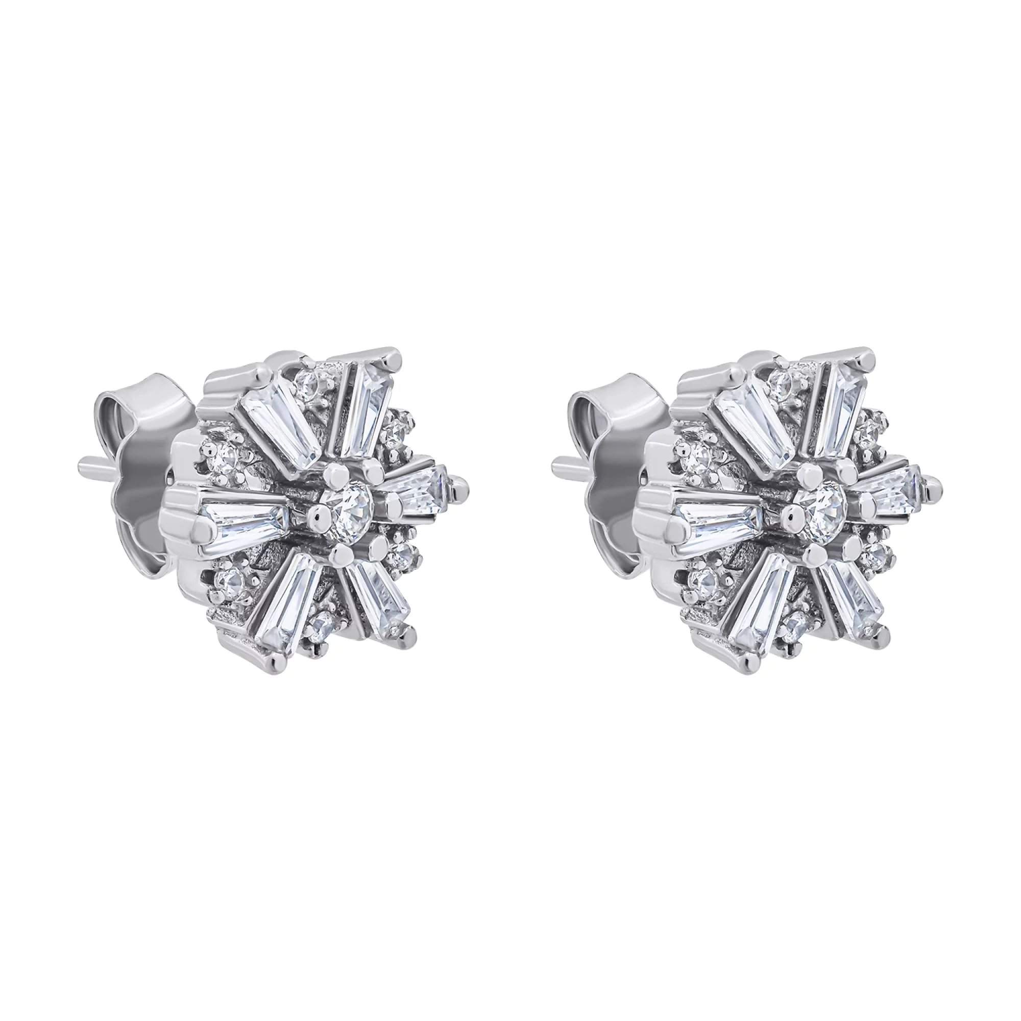 Срібні сережки-гвоздики з фіанітом "Квіти" - 1302315 – зображення 1