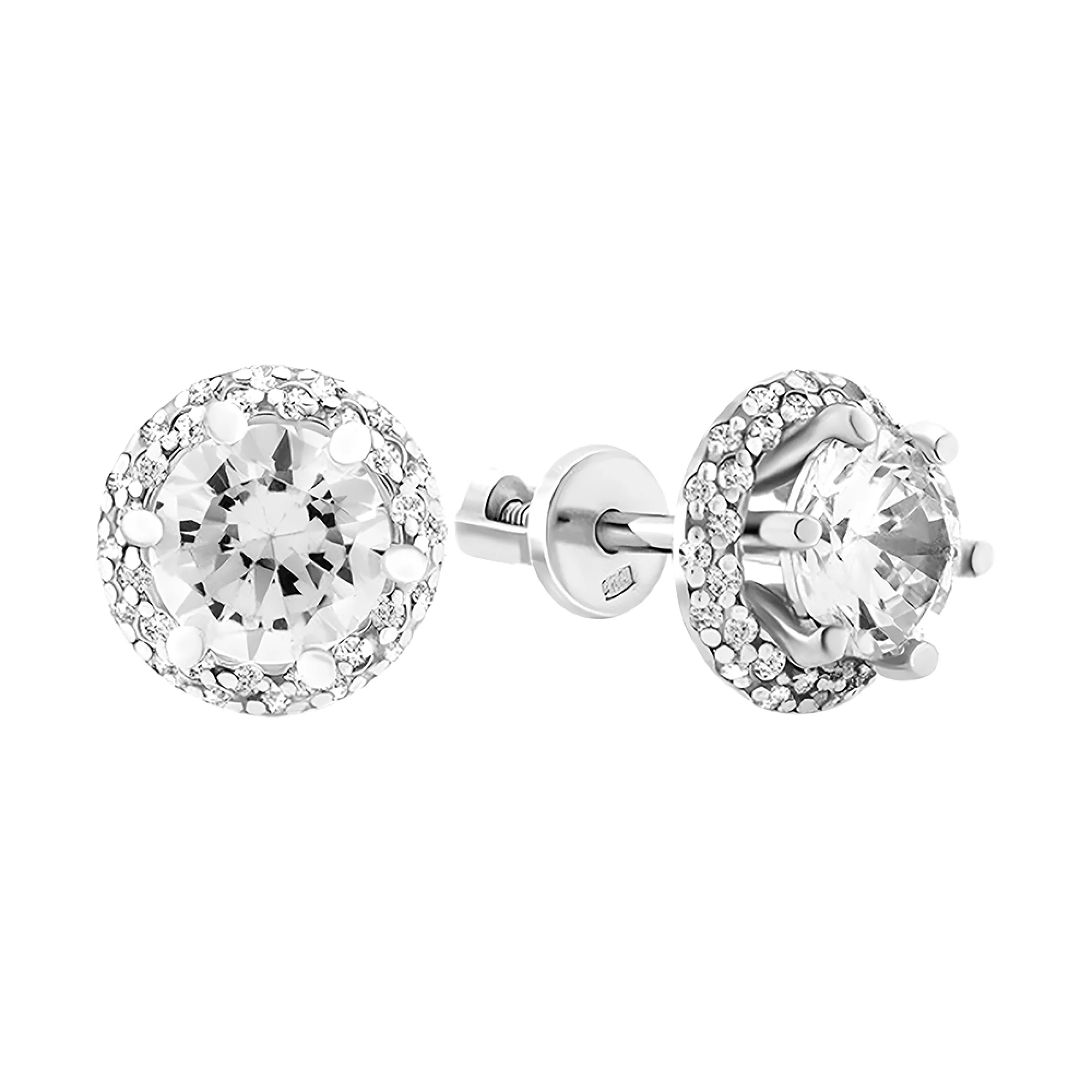 Серебряные серьги-гвоздики с фианитами - 409899 - 1