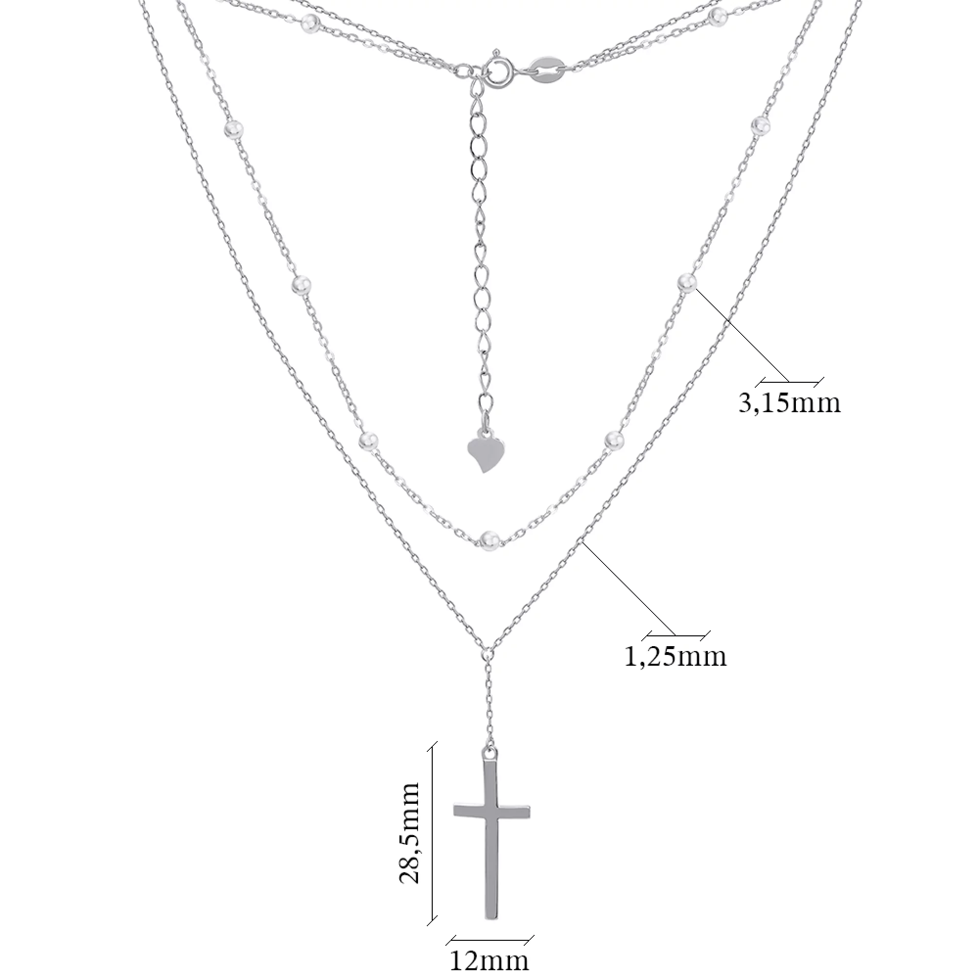 Кольє срібне подвійне з кульками і хрестиком плетіння якір - 1487096 – зображення 3