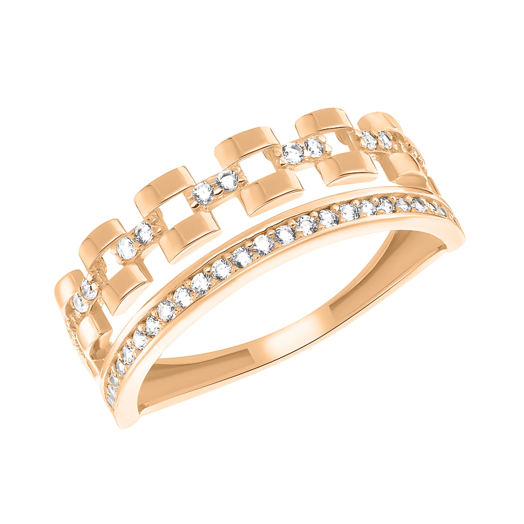 Двойное кольцо "Звенья" из красного золота с дорожкой фианитов - 1525617 – изображение 1