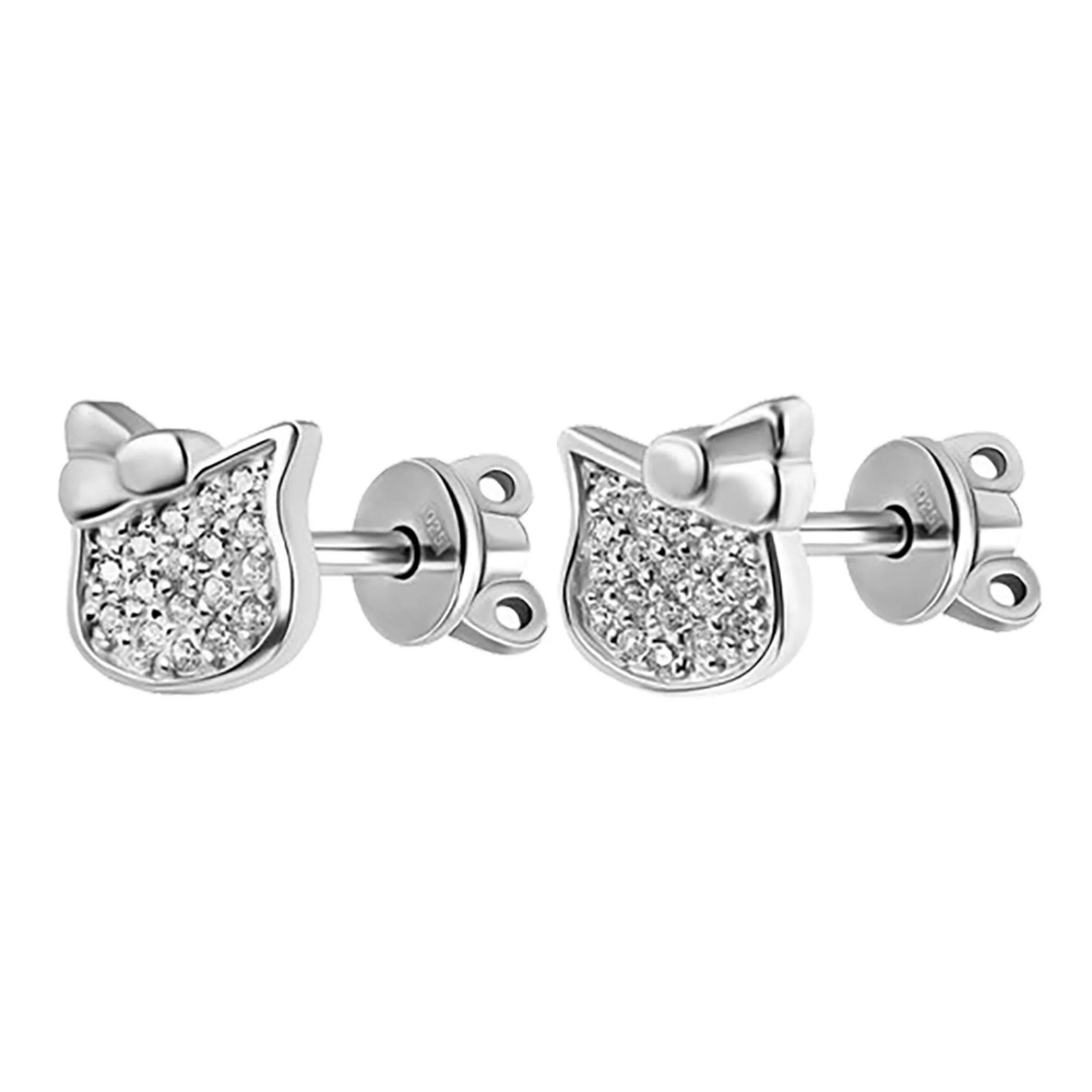 Сережки-гвоздики из серебра Котики с фианитом - 965177 – изображение 1