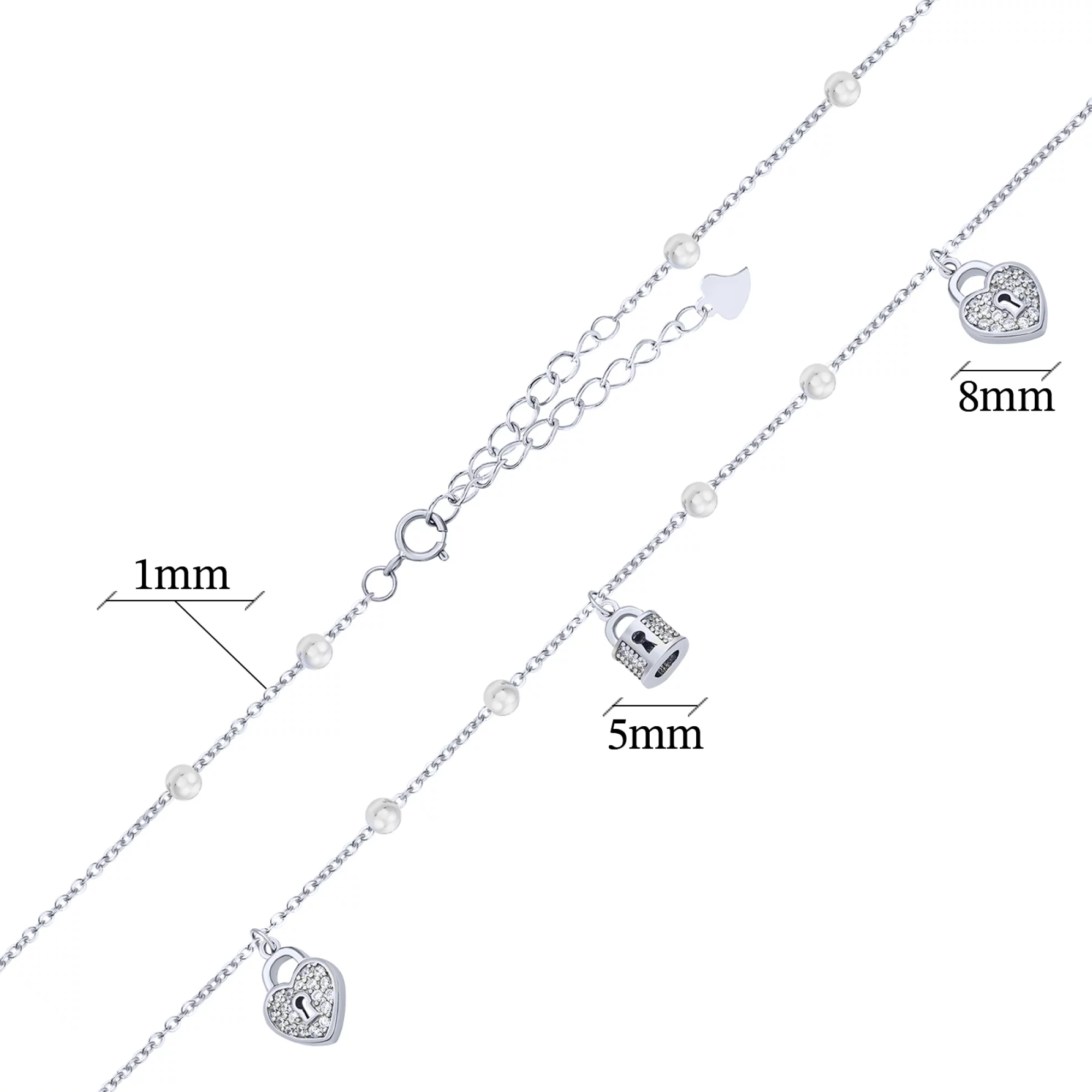 Срібний браслет з підвісами "Сердечка" з фіанітами плетіння якір - 1612545 – зображення 3