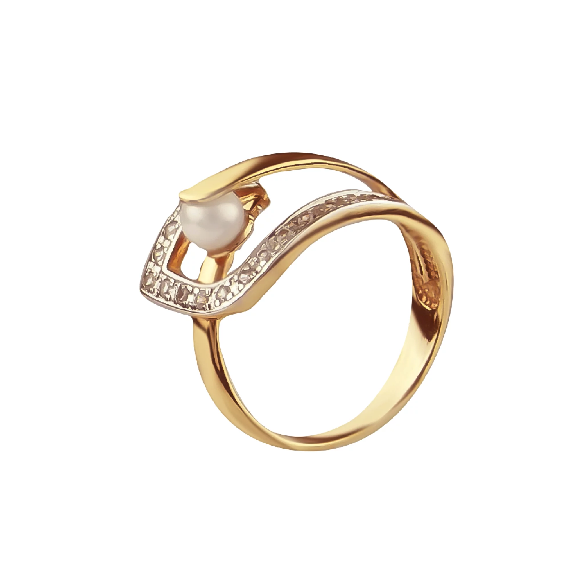 Золотое кольцо с жемчугом и фианитами - 569263 – изображение 1