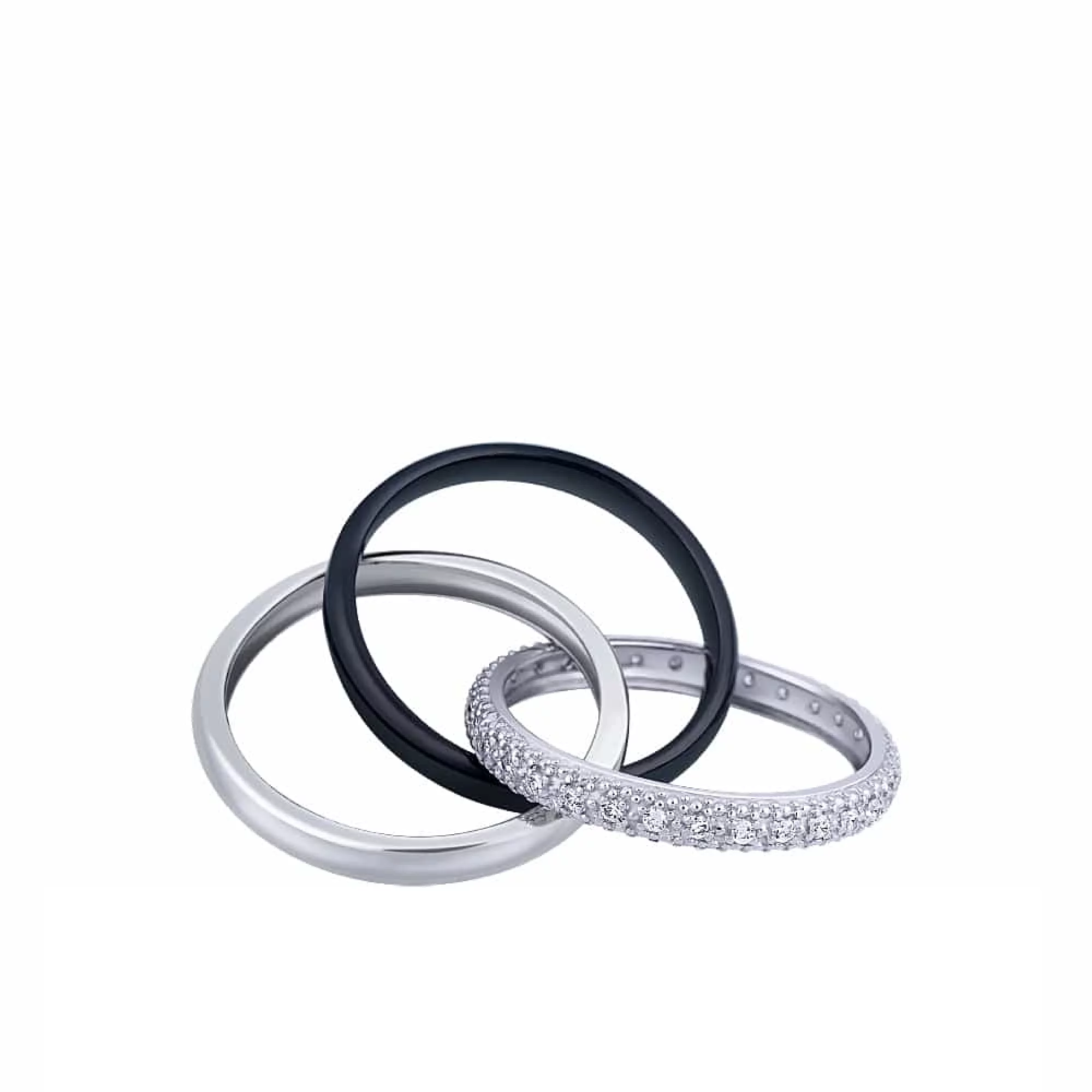 Керамическое кольцо с фианитом и серебряной вставкой - 667440 – изображение 2