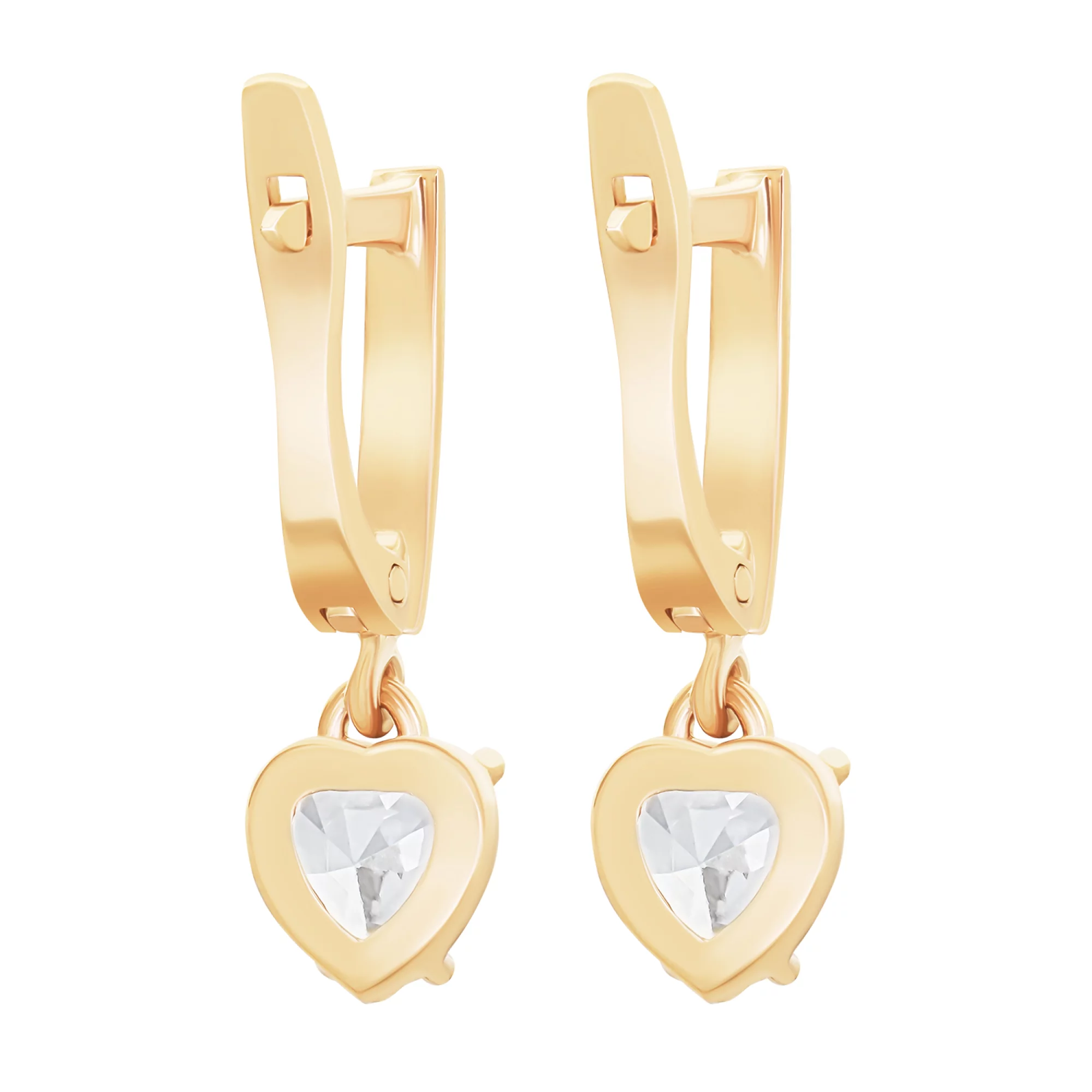 Сережки с подвесным сердцем из красного золота с фианитом - 1612629 – изображение 5